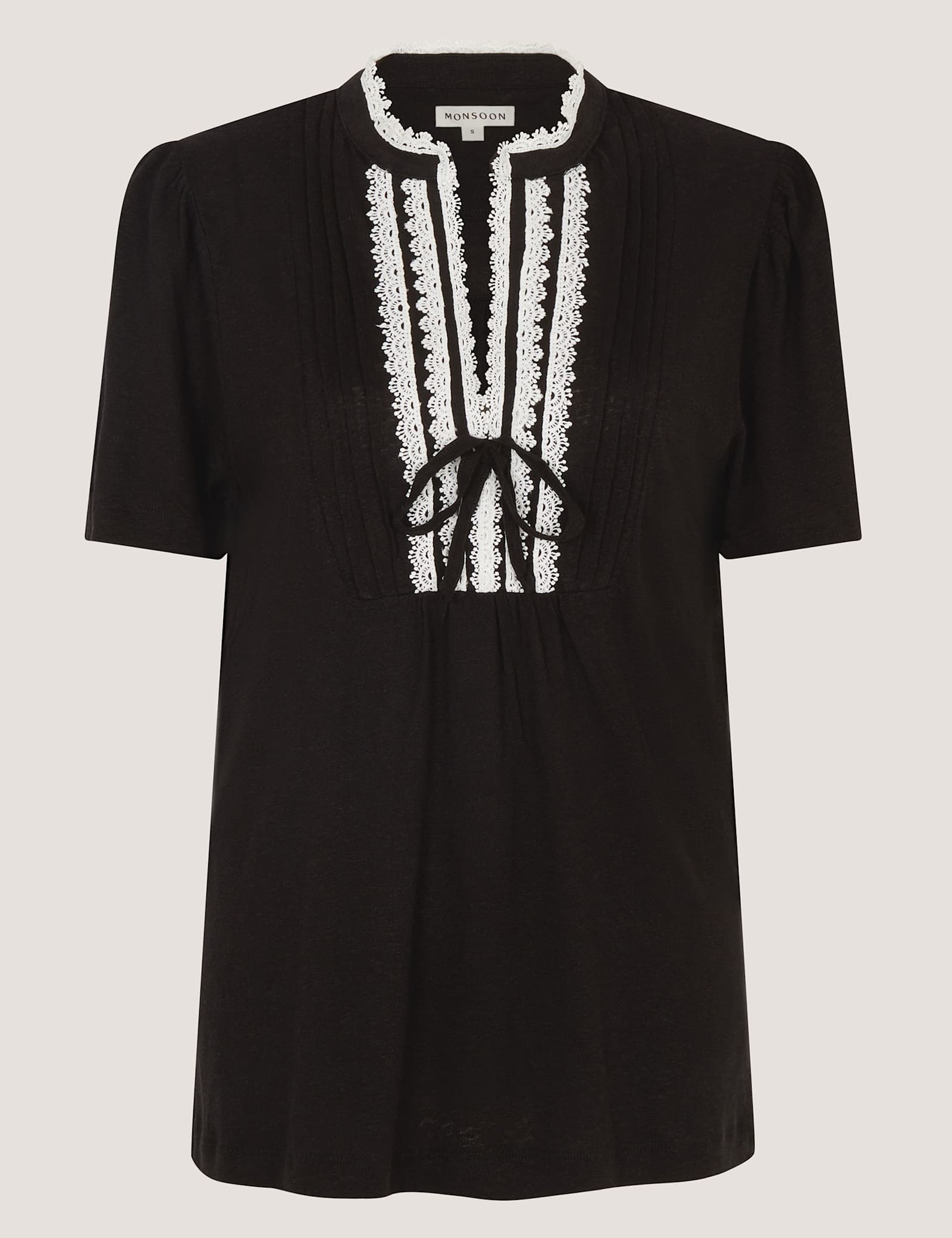 Linen Rich V-Neck Lace Trim T-Shirt - image 1