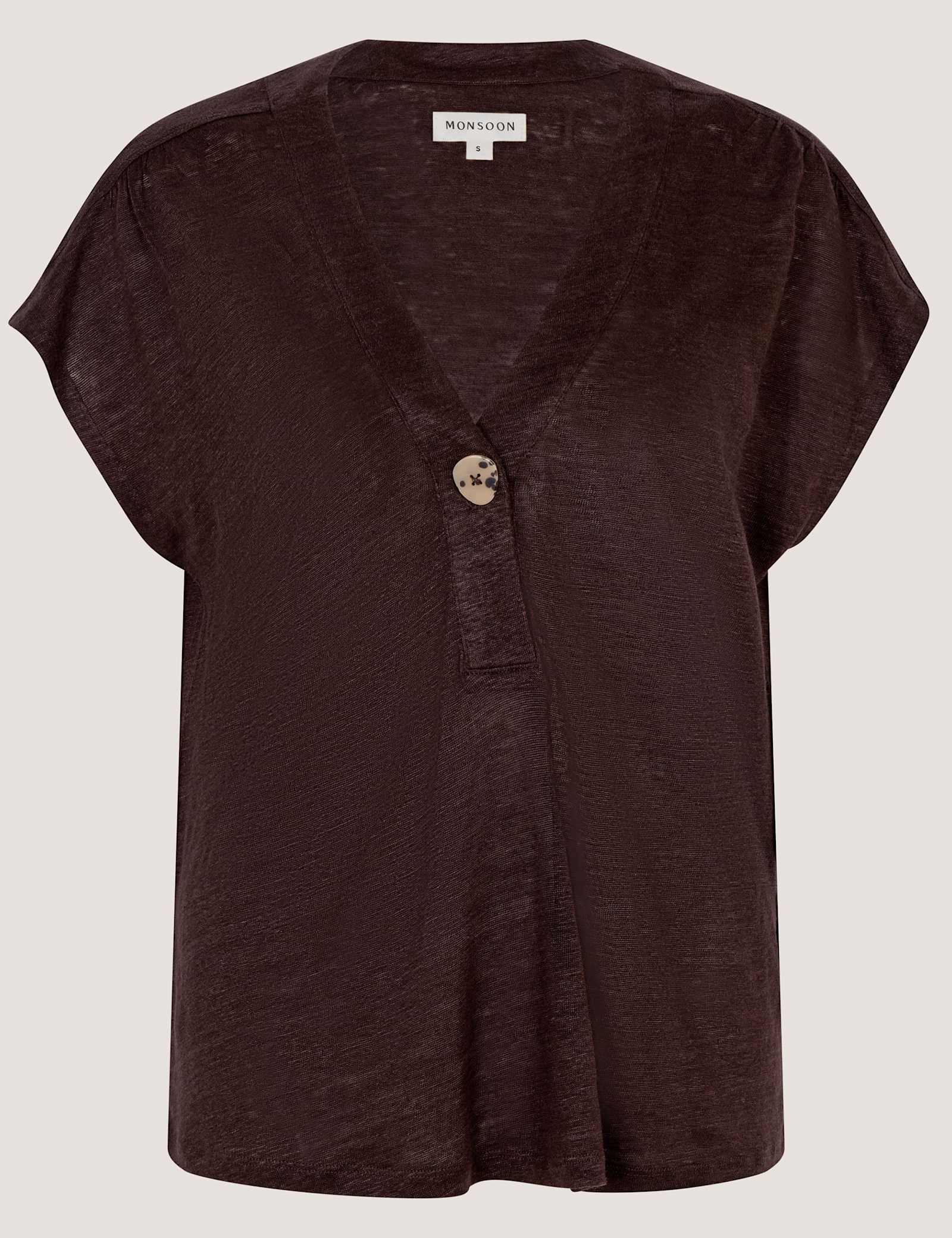 Linen Rich V-Neck Button Detail T-Shirt - image 1