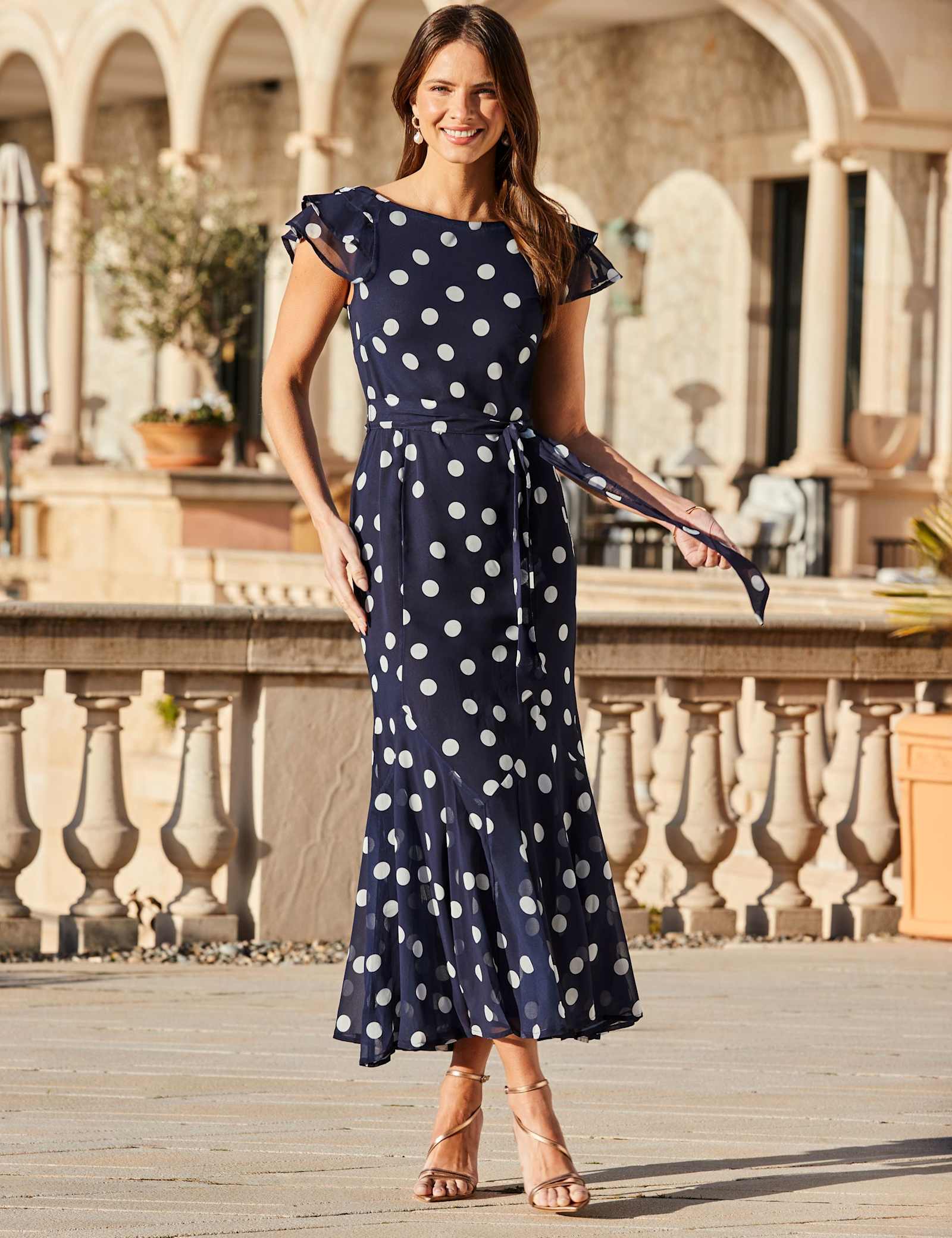 Spot Print Frill Hem Midaxi Waisted Dress - image 1