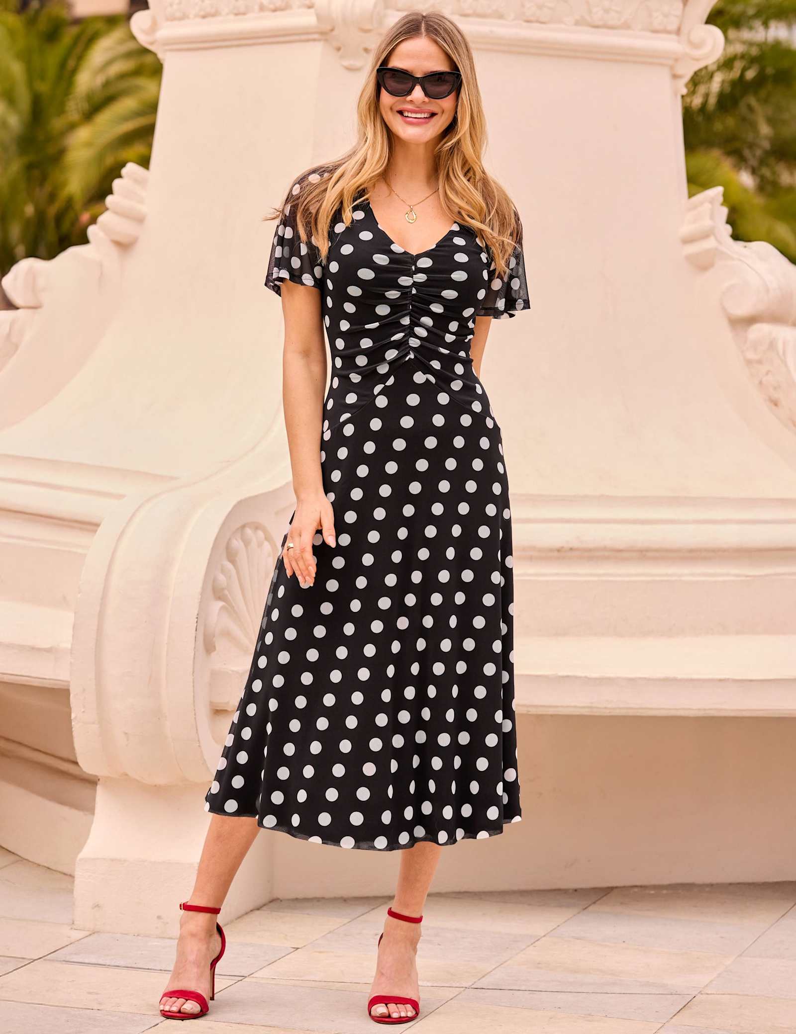 Mesh Polka Dot V-Neck Midi Skater Dress - image 1
