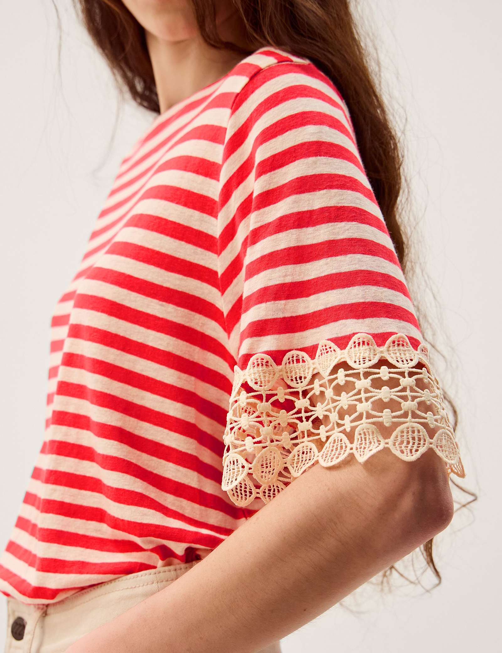 Linen Rich Striped Lace Trim T-Shirt - image 4