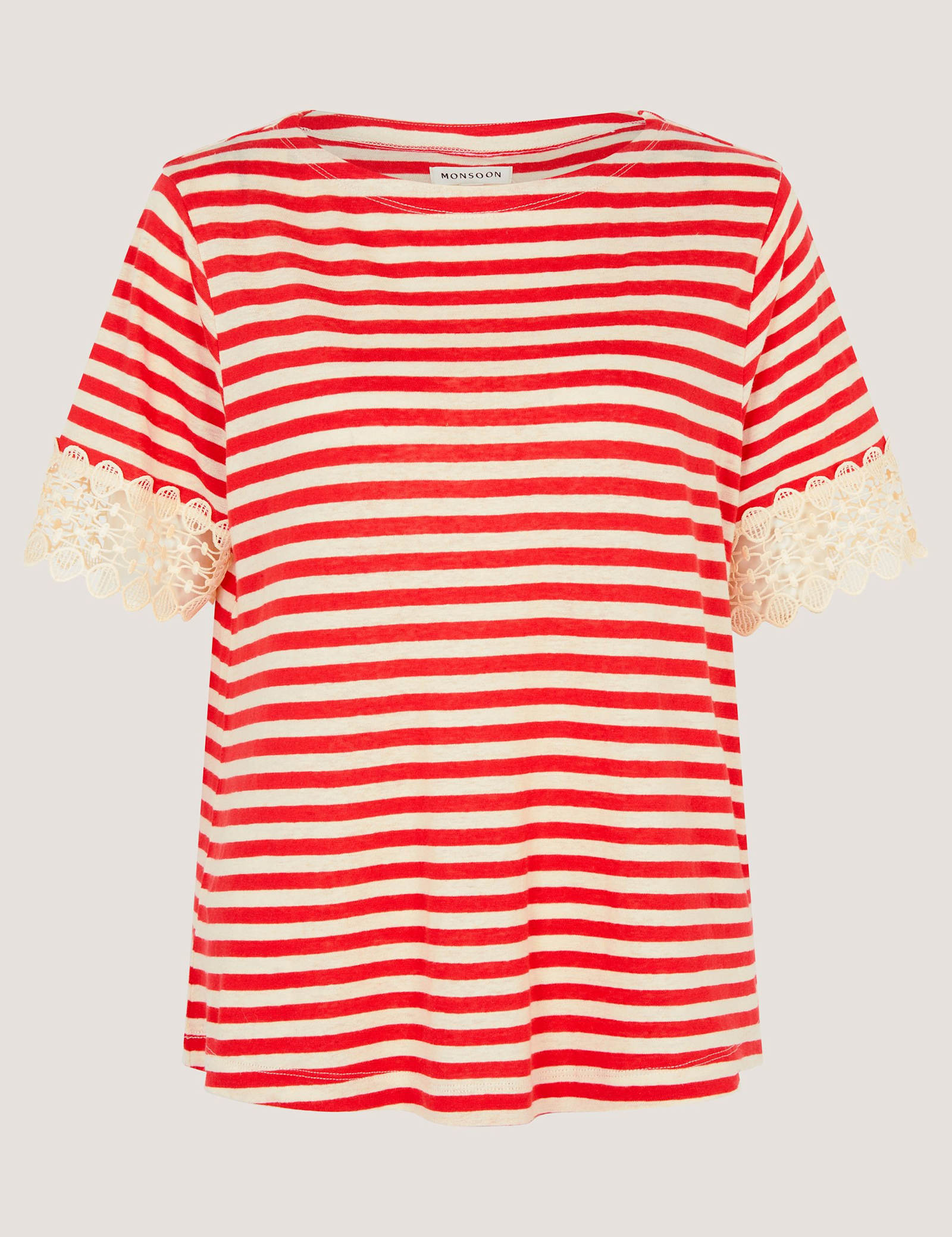 Linen Rich Striped Lace Trim T-Shirt - image 1