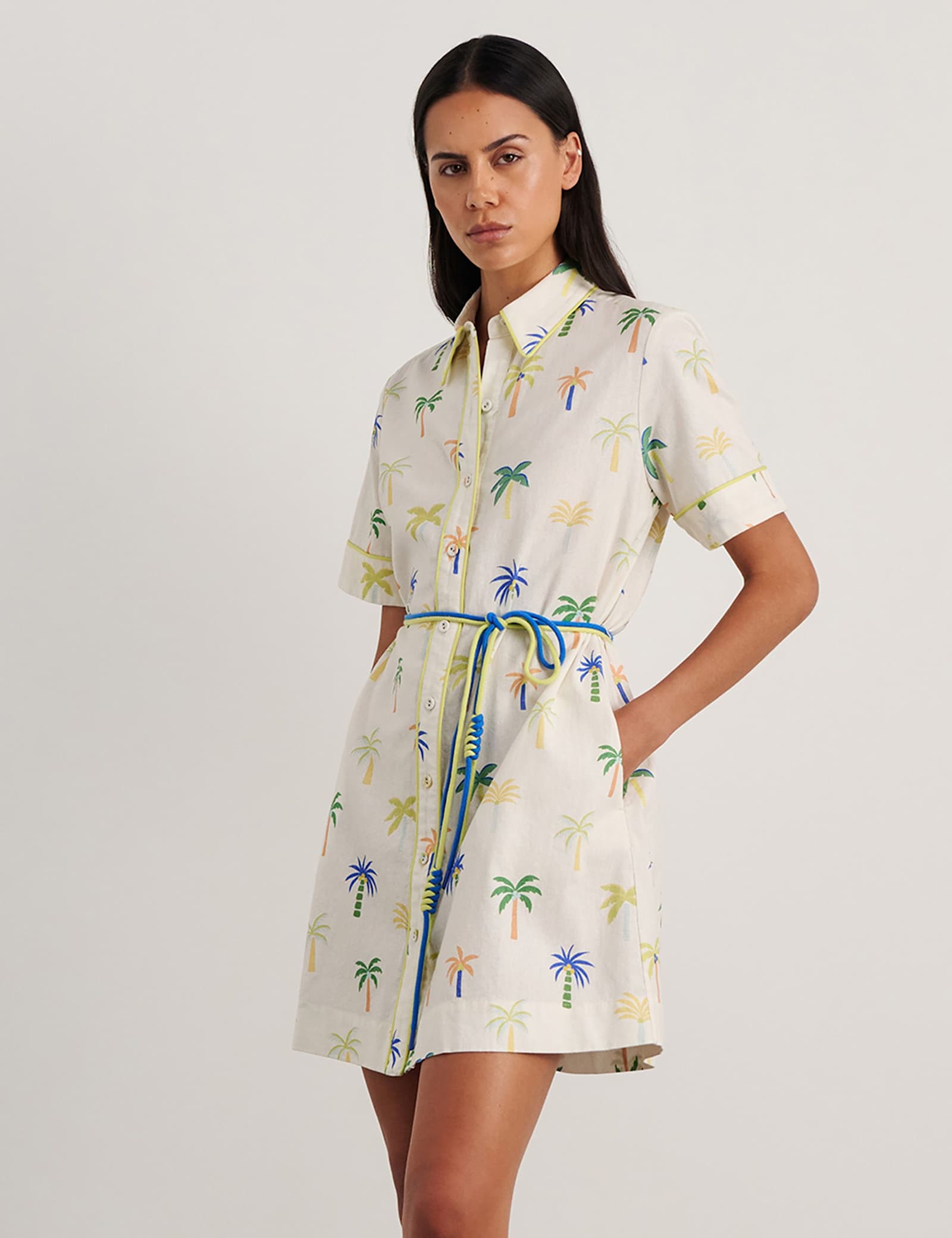 Linen Rich Palm Tree Mini Shirt Dress - image 5