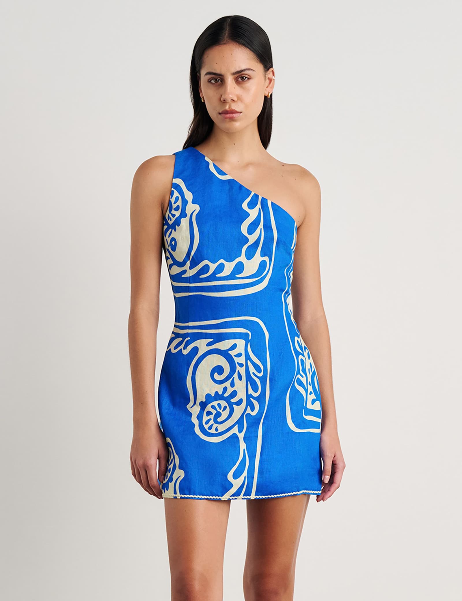 Pure Linen Printed One Shoulder Mini Dress - image 1