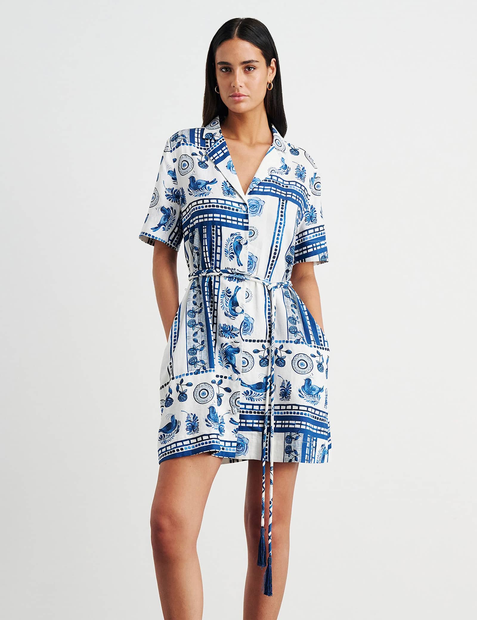 Linen Rich Lovebird Print Mini Shirt Dress - image 5