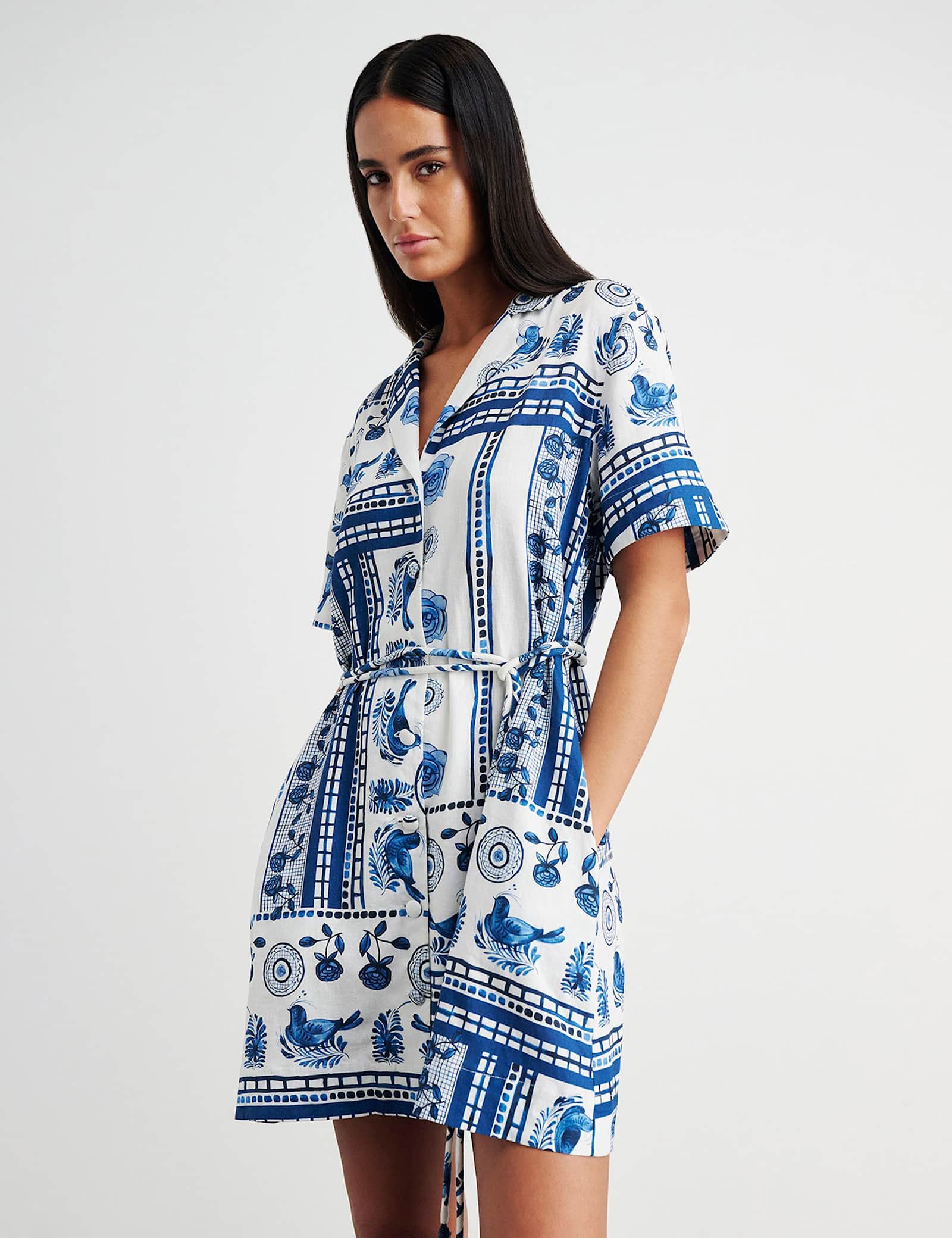 Linen Rich Lovebird Print Mini Shirt Dress - image 3