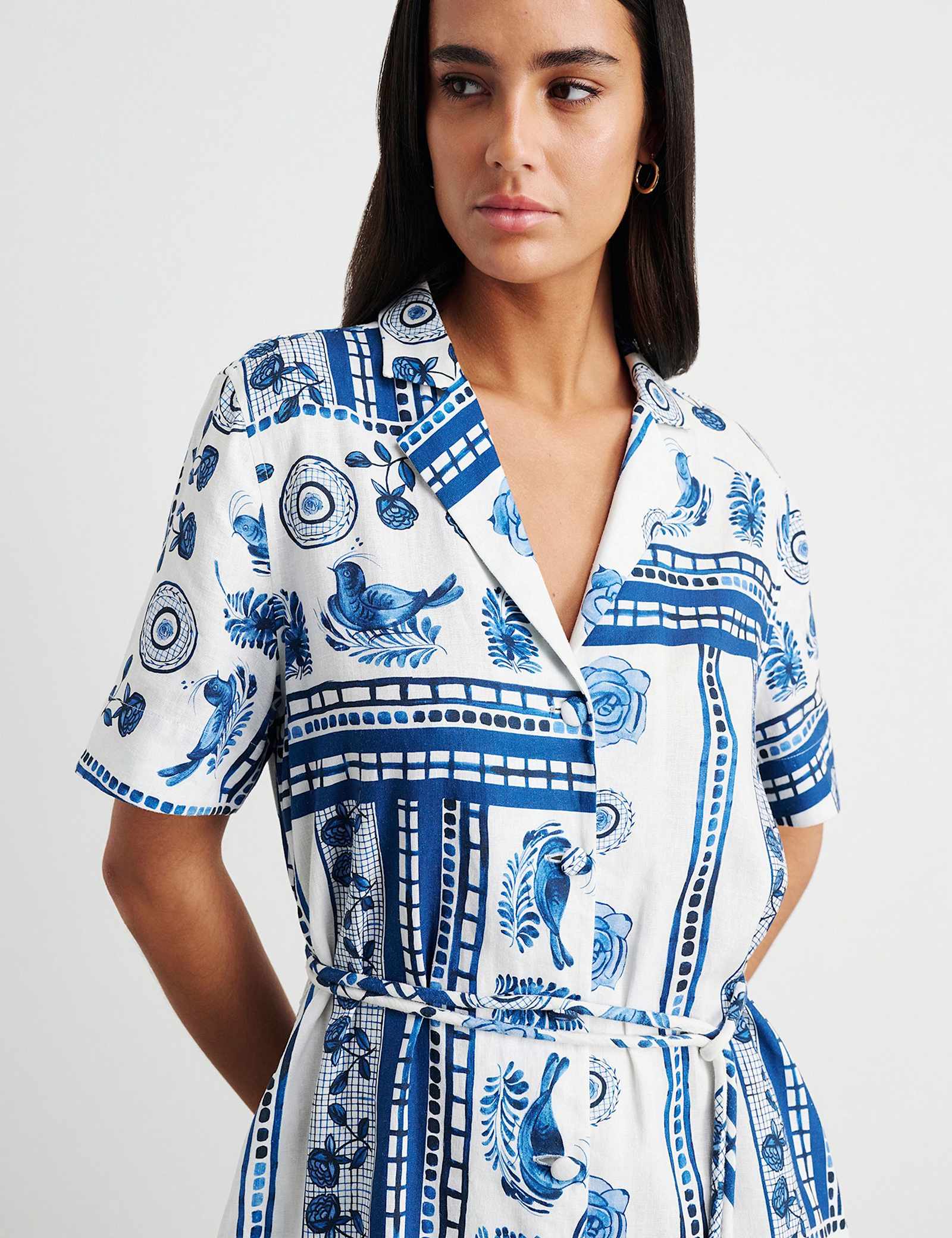 Linen Rich Lovebird Print Mini Shirt Dress - image 2