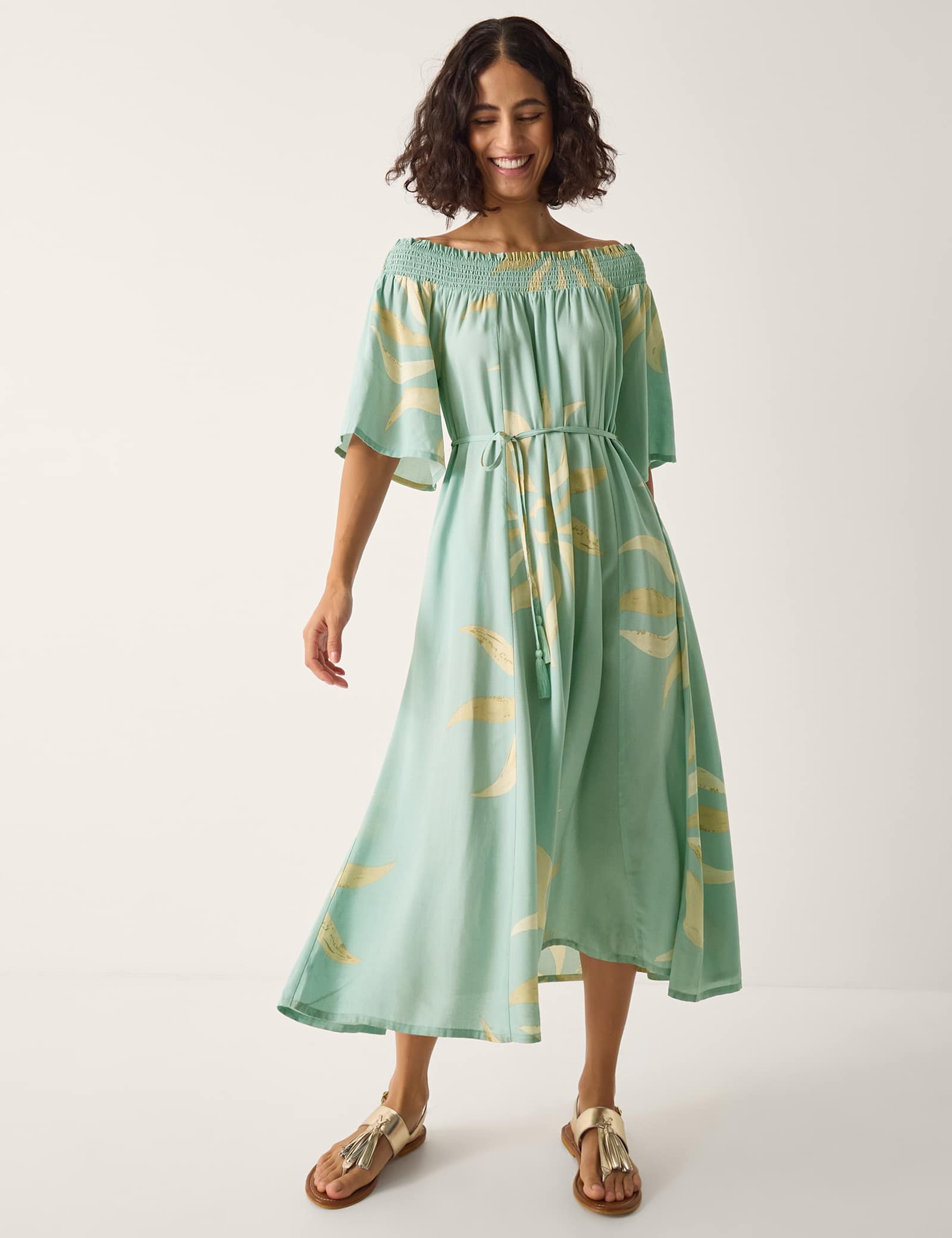 Sun Print Bardot Shirred Midi Dress - image 2