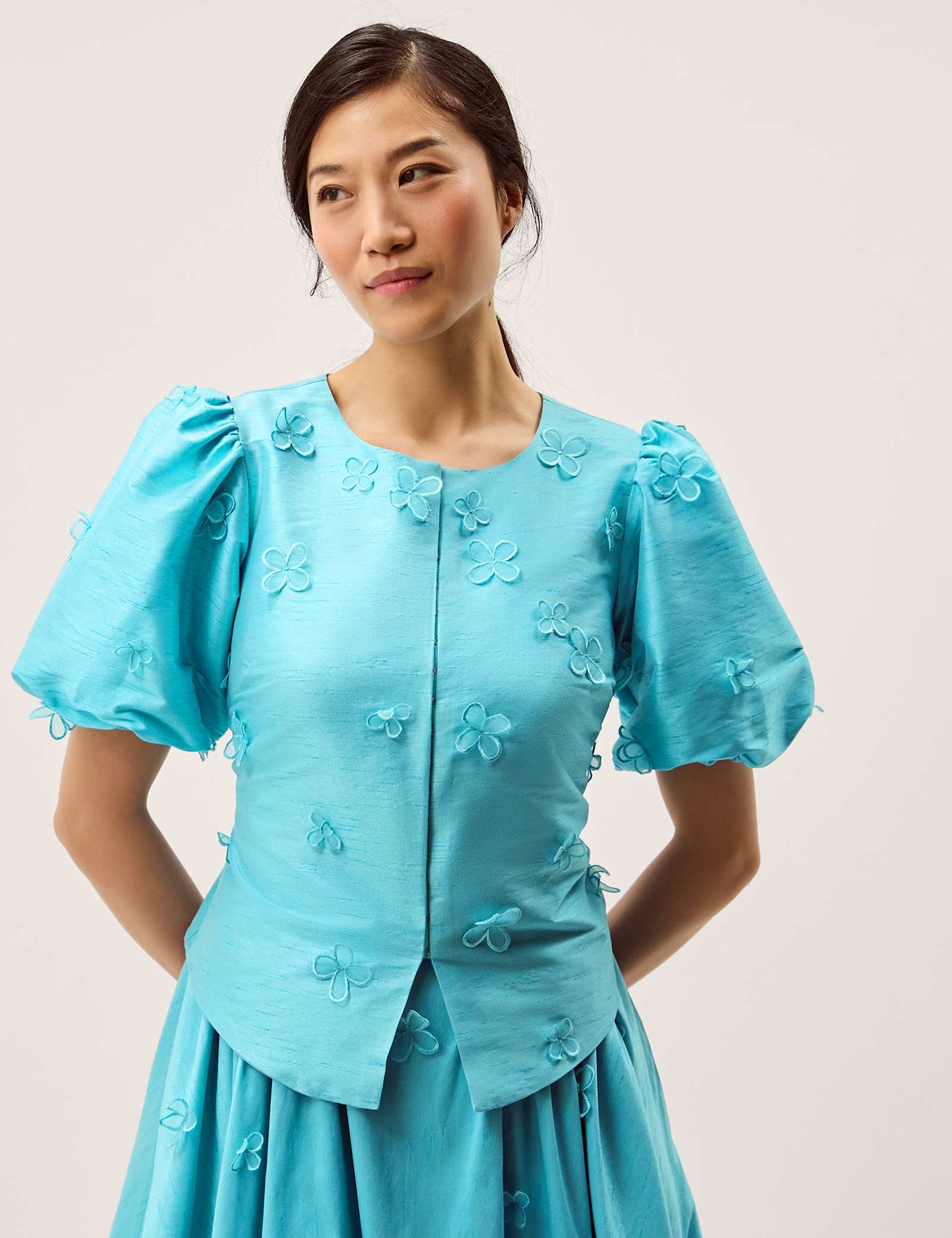 Floral Applique Puff Sleeve Jacket - image 2
