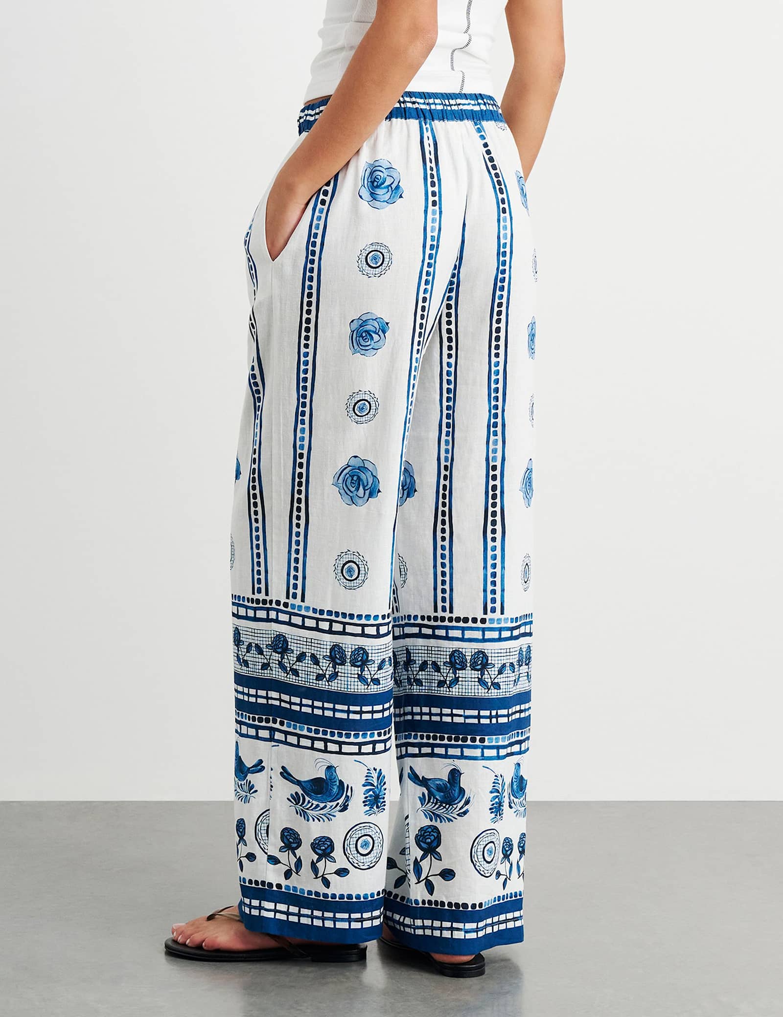 Linen Rich Lovebird Print Wide Leg Trousers - image 4