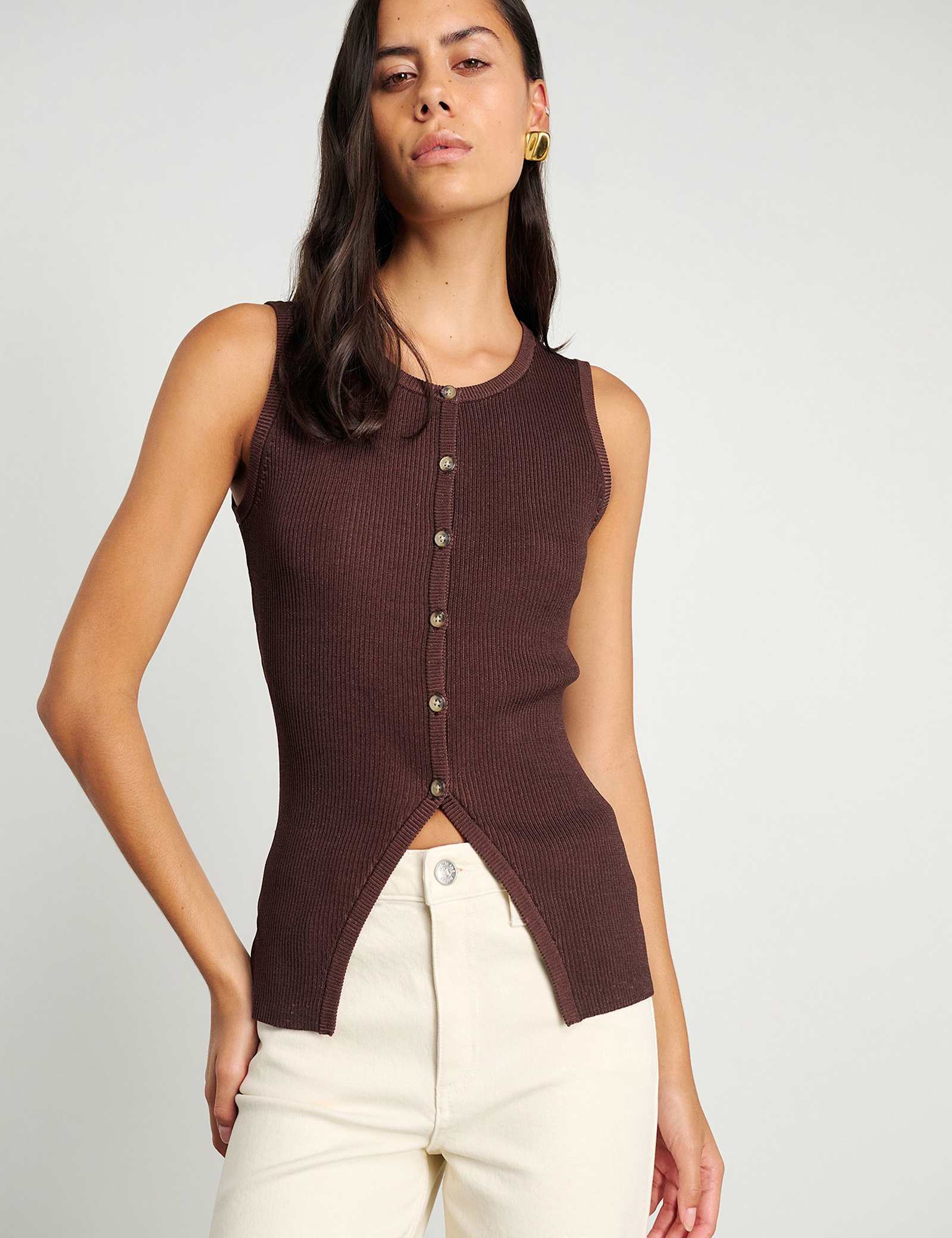 Ribbed Button Through Longline Vest Top - image 2