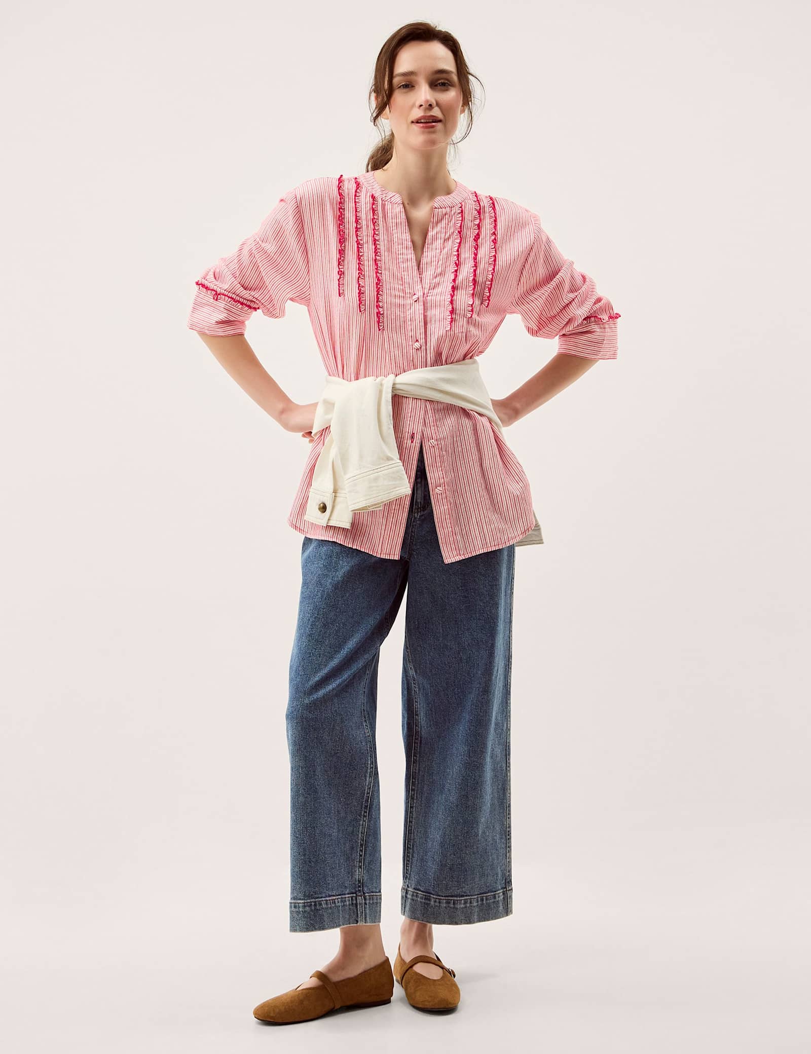 Pure Cotton Striped Notch Neck Ruffle Shirt - image 5