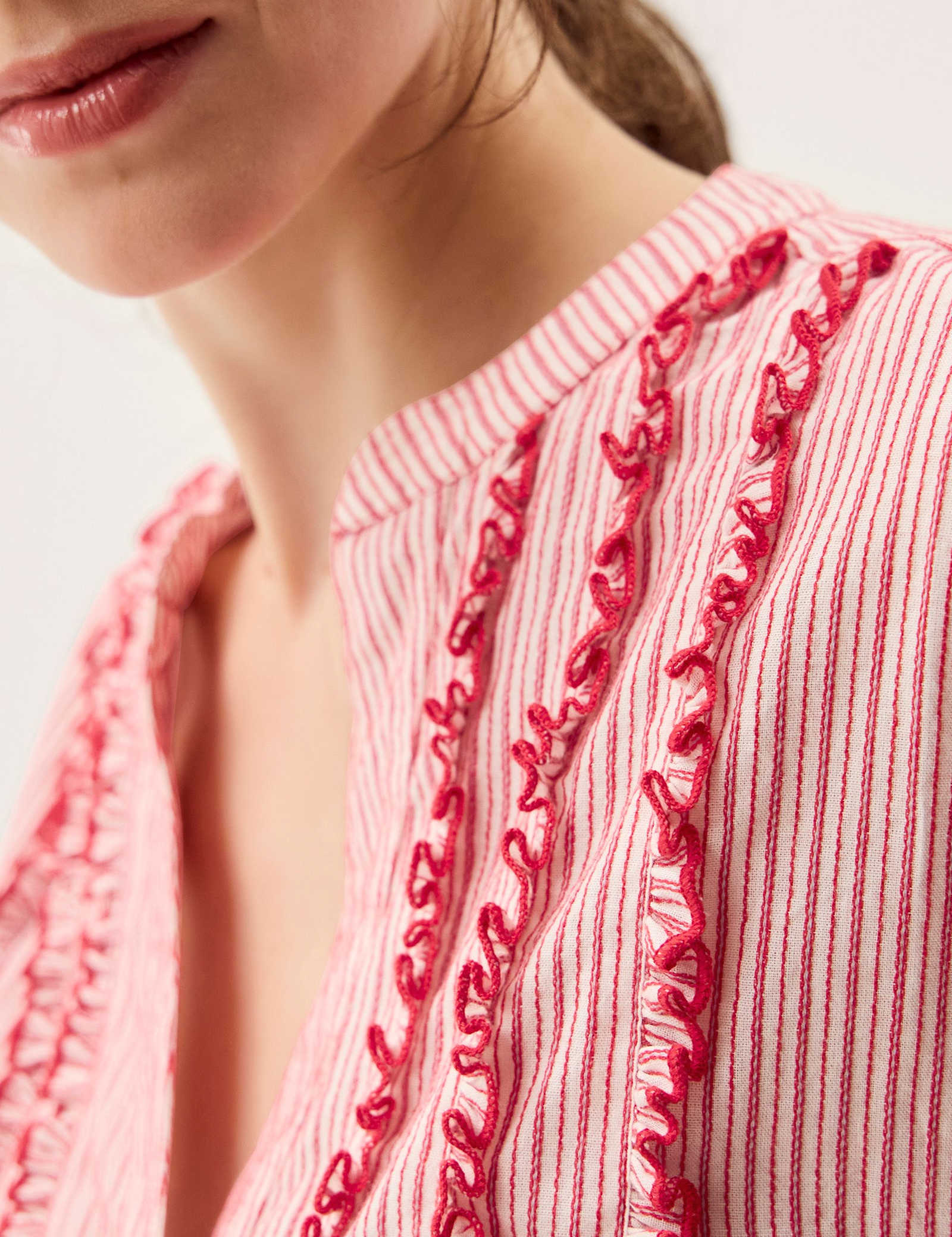 Pure Cotton Striped Notch Neck Ruffle Shirt - image 3