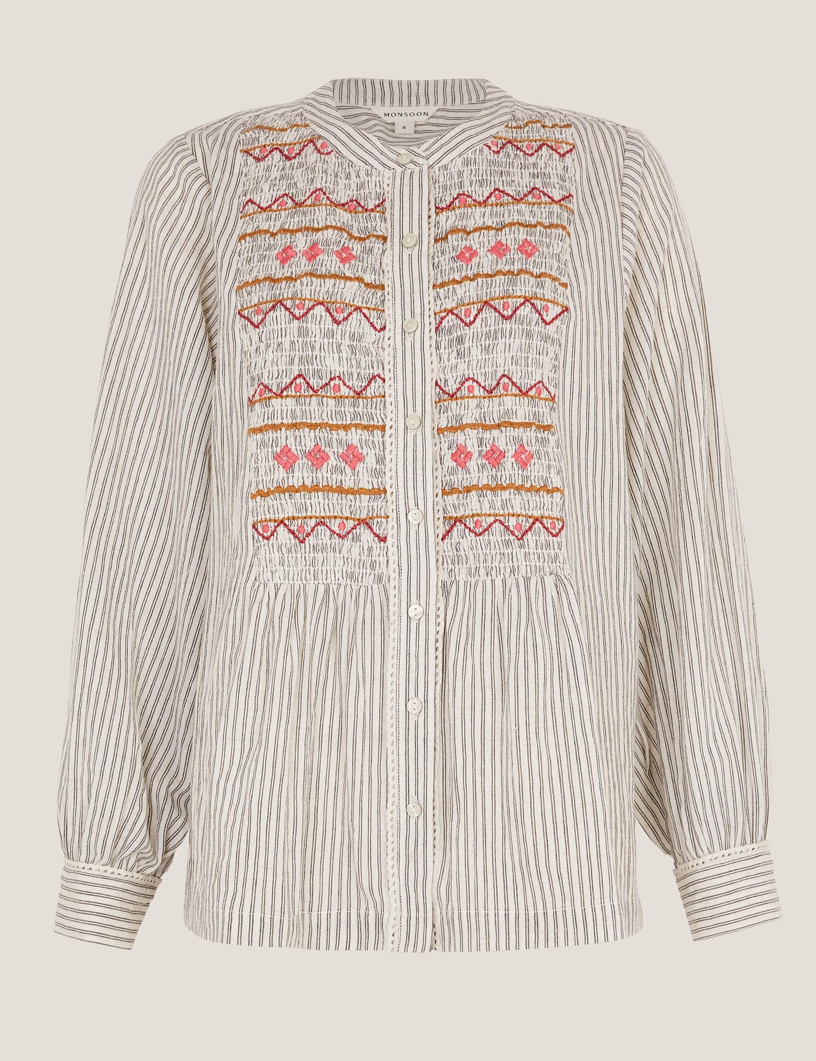 Cotton Rich Striped Shirred Shirt with Linen - image 1