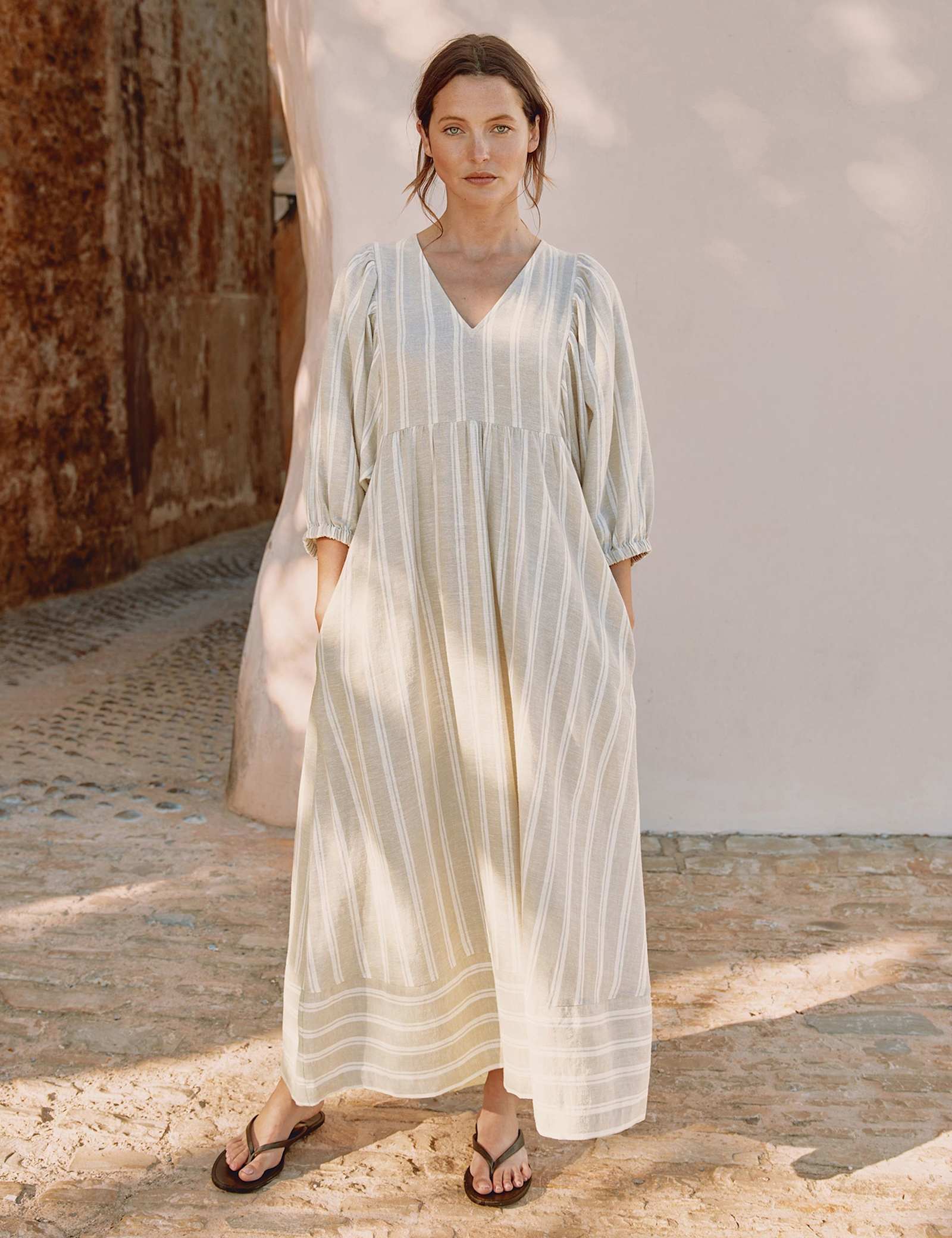 Linen Rich Striped V-Neck Midaxi Smock Dress - image 2