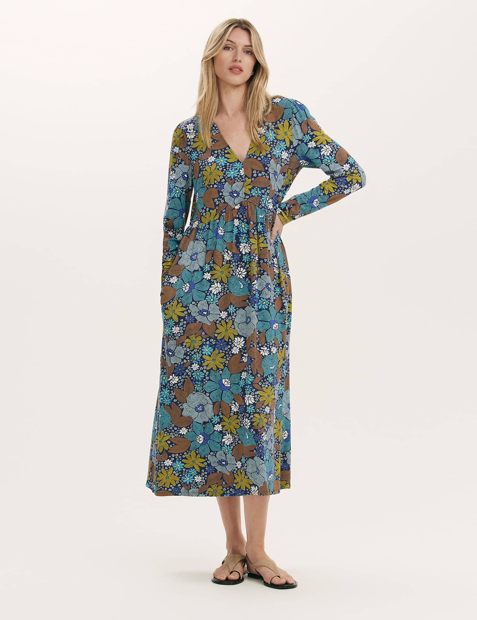 Jersey Floral V-Neck Midi Skater Dress - image 1