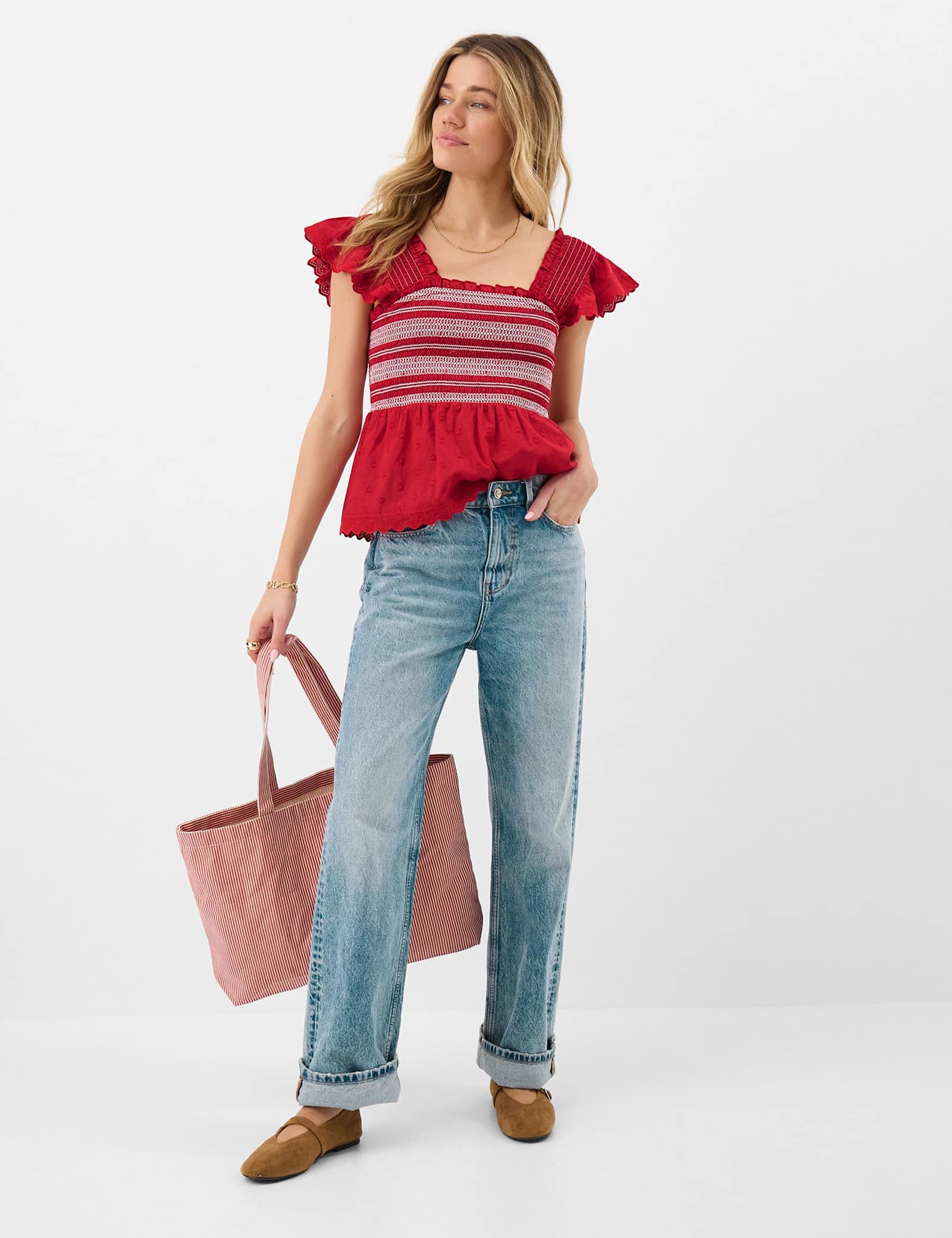 Pure Cotton Smocked Frill Shoulder Top - image 5