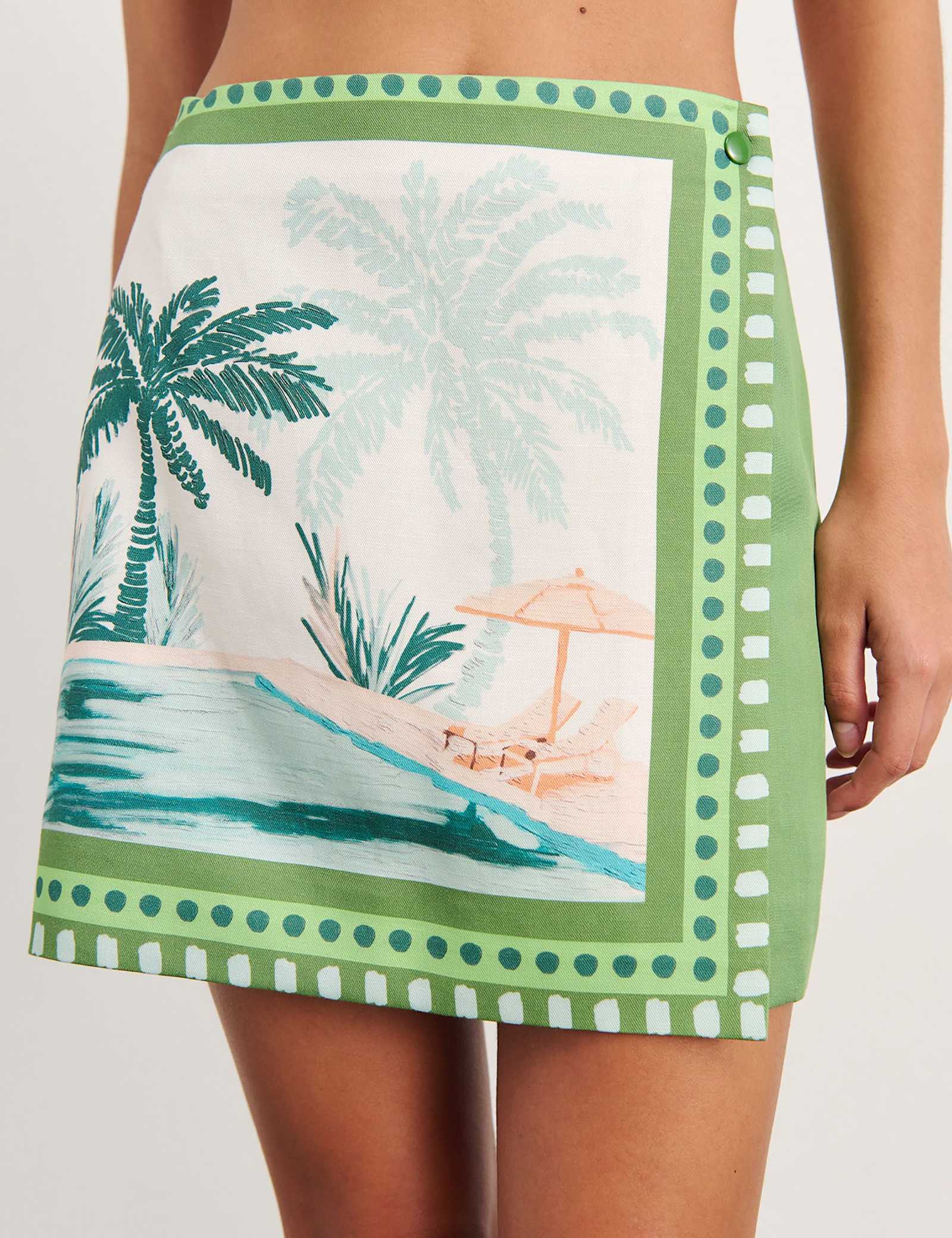 Linen Blend Sunlounger Print Mini Wrap Skirt - image 3
