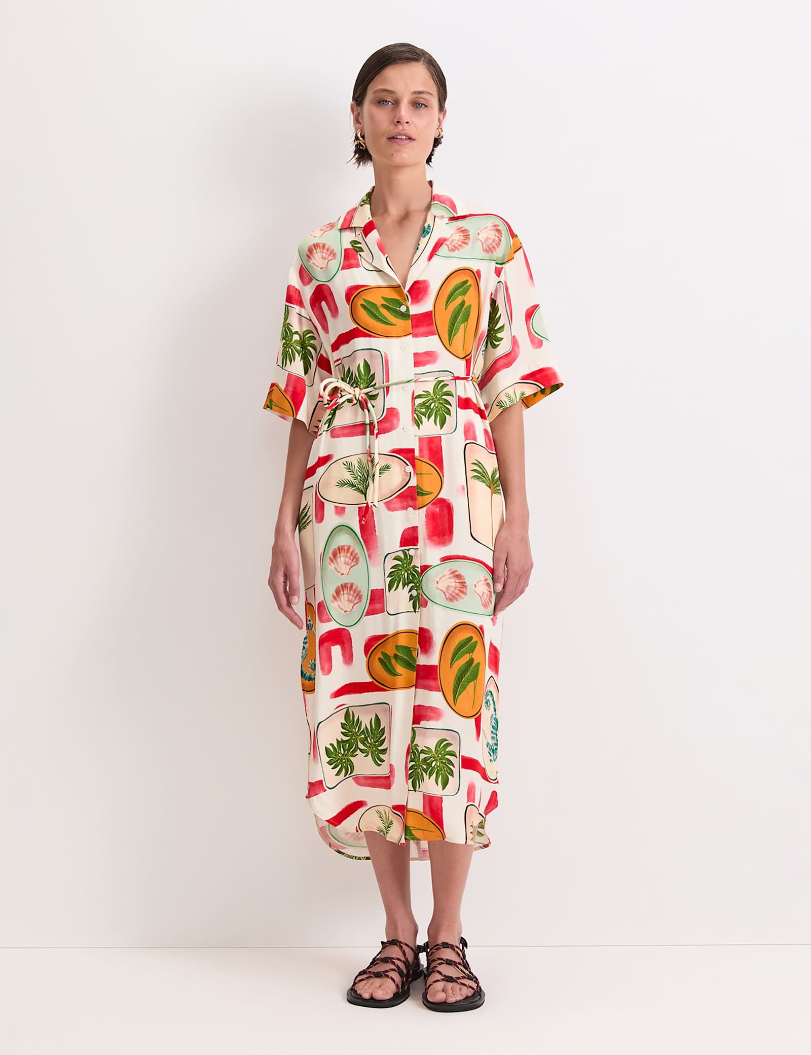 Printed Tie Waist Midi Shirt Dress - image 1