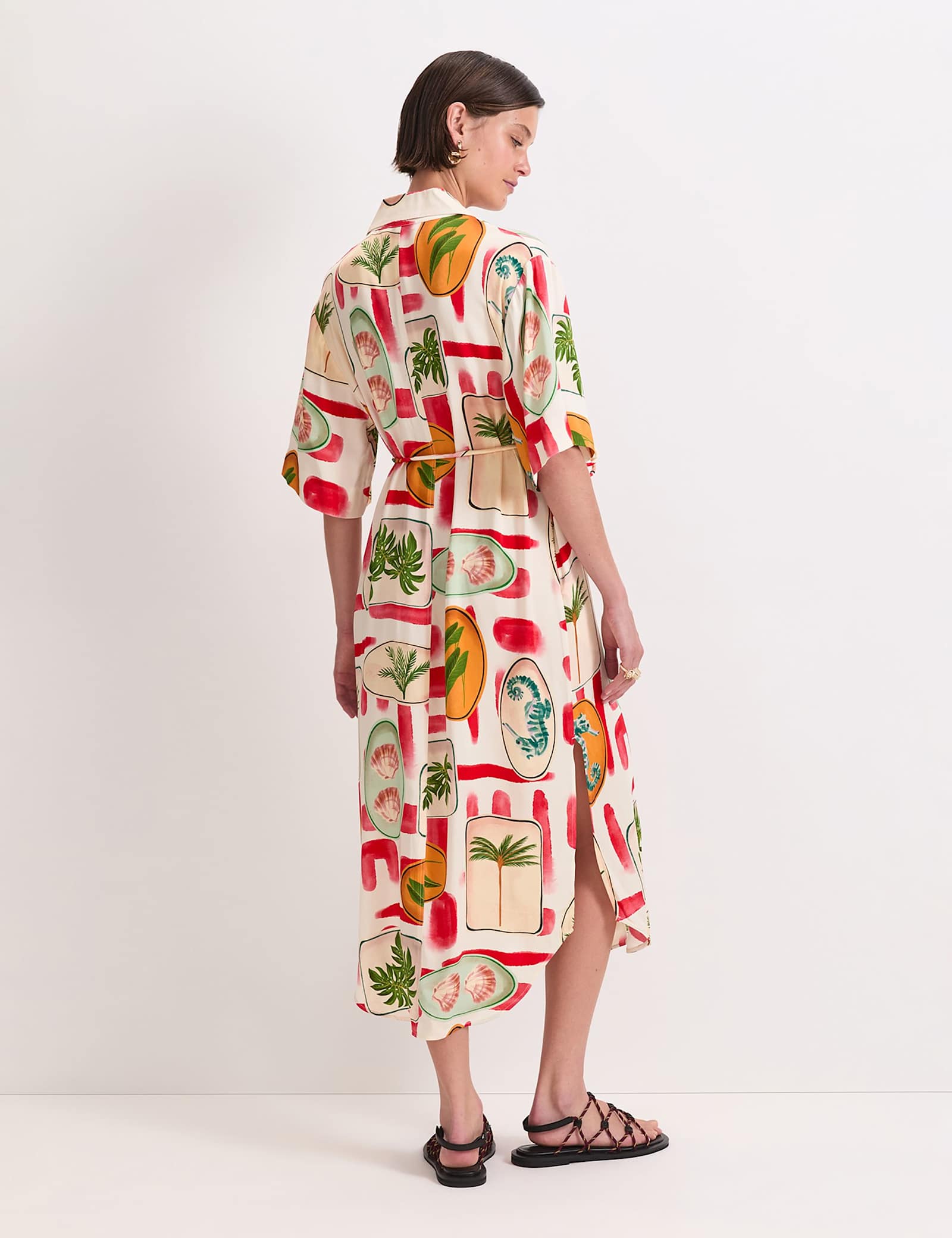 Printed Tie Waist Midi Shirt Dress - image 5