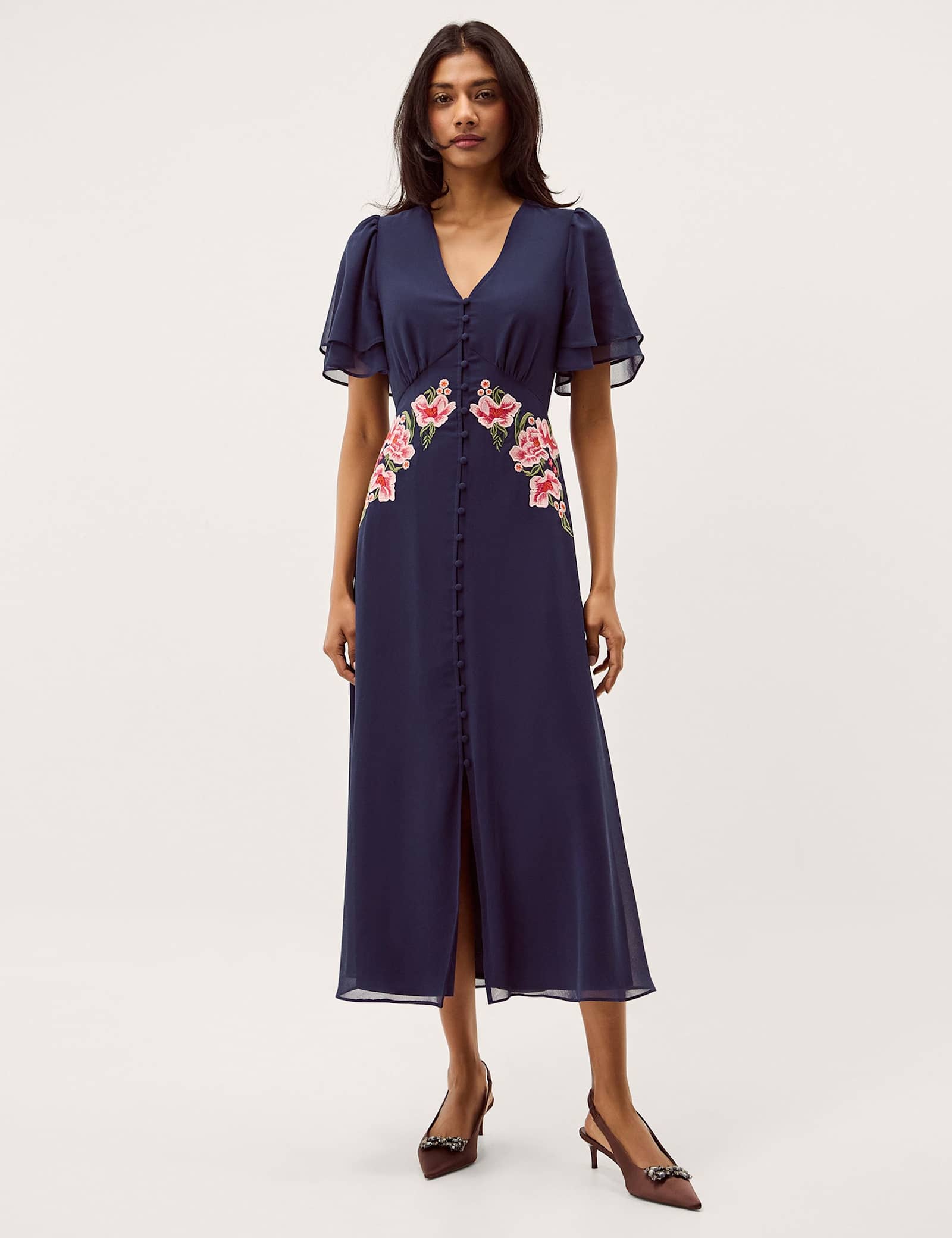 Embroidered V-Neck Midi Tea Dress - image 3