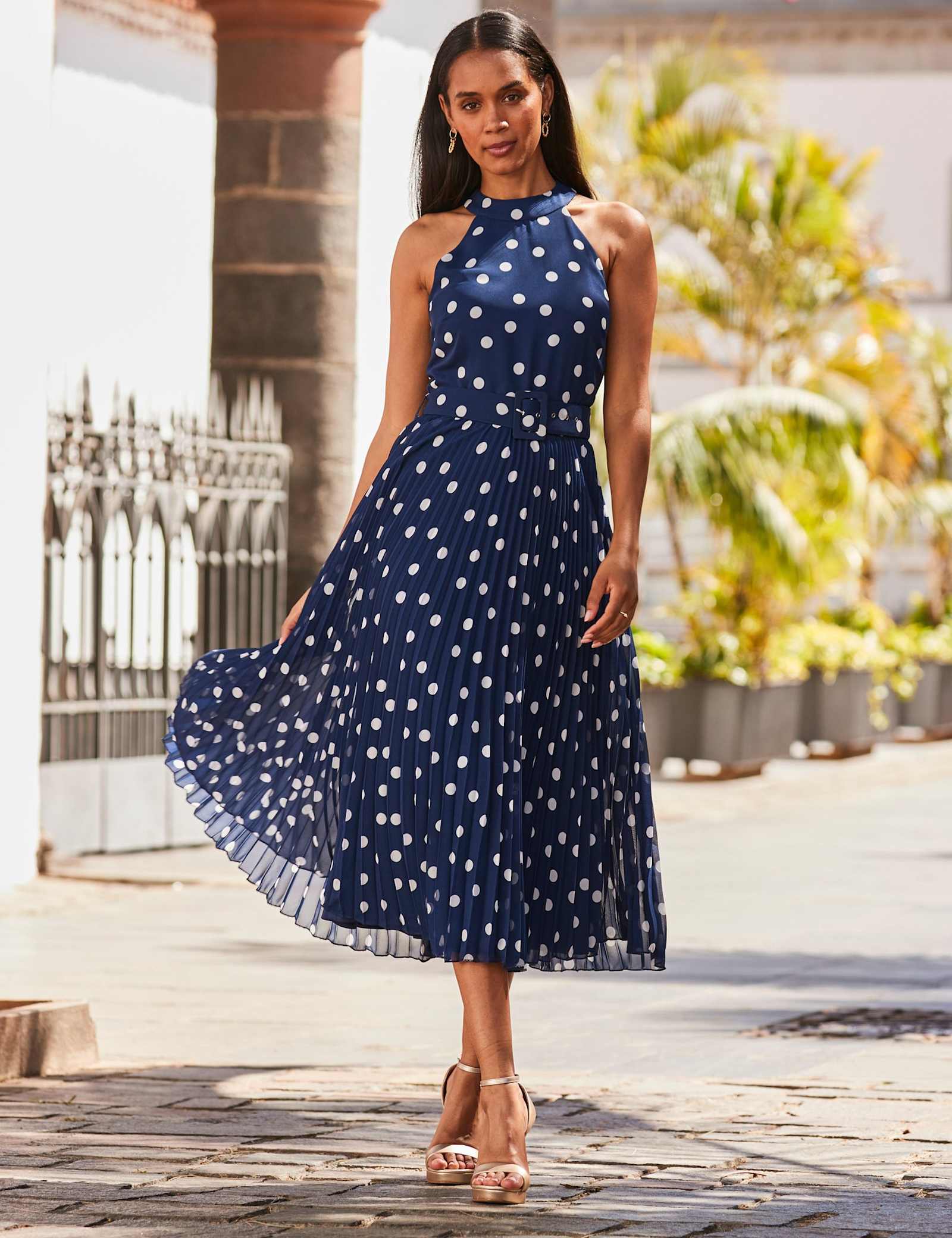 Spot Print Halter Neck Midi Skater Dress - image 1