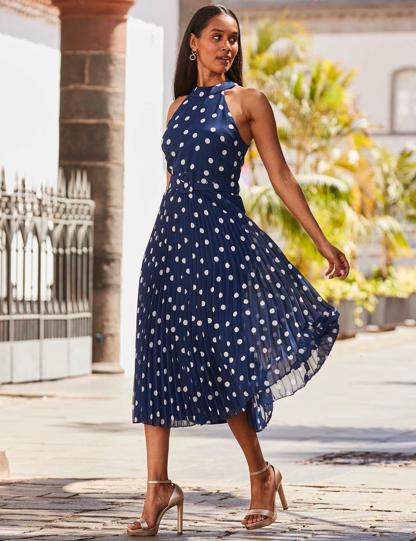Spot Print Halter Neck Midi Skater Dress - image 4