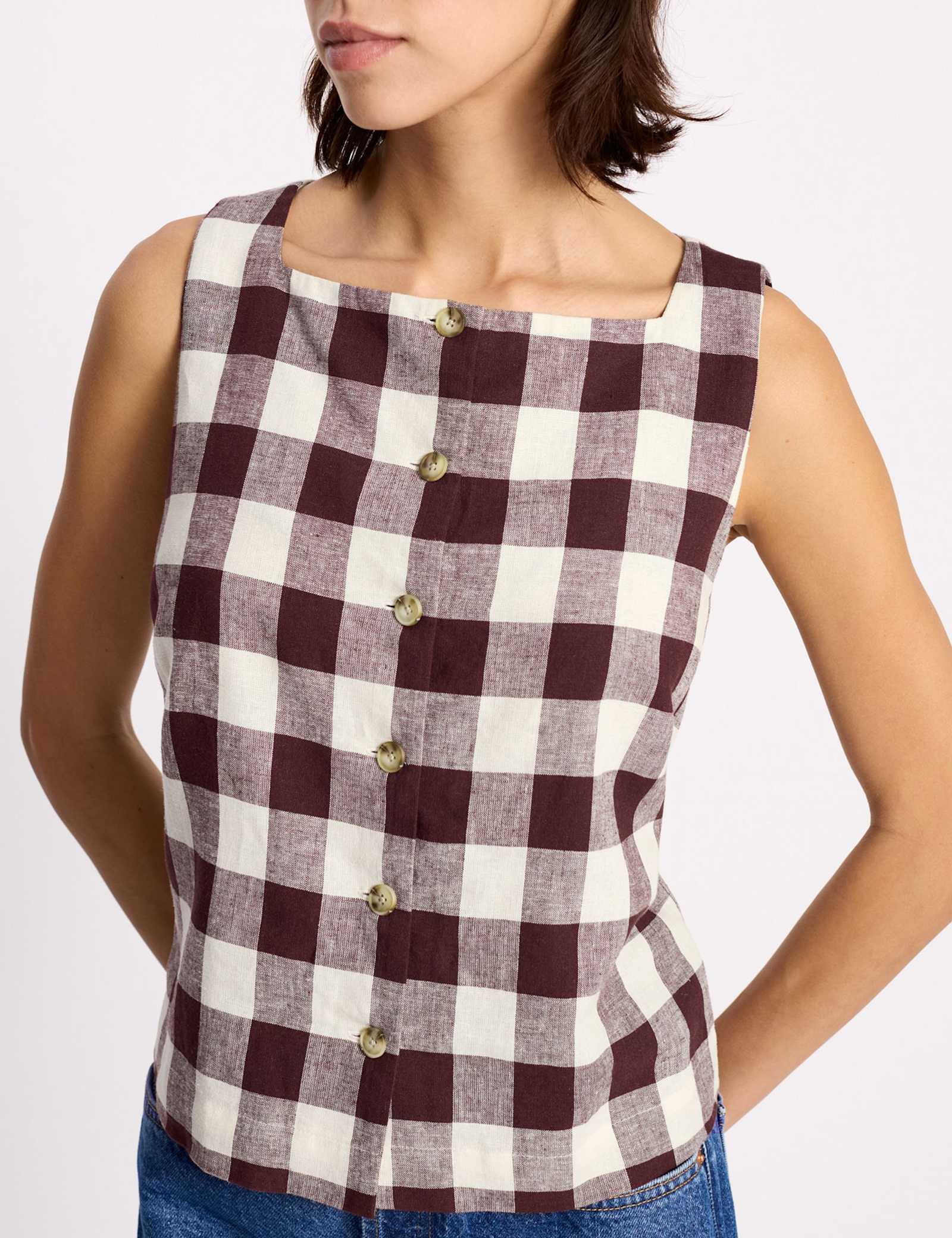 Linen Rich Gingham Square Neck Top - image 3