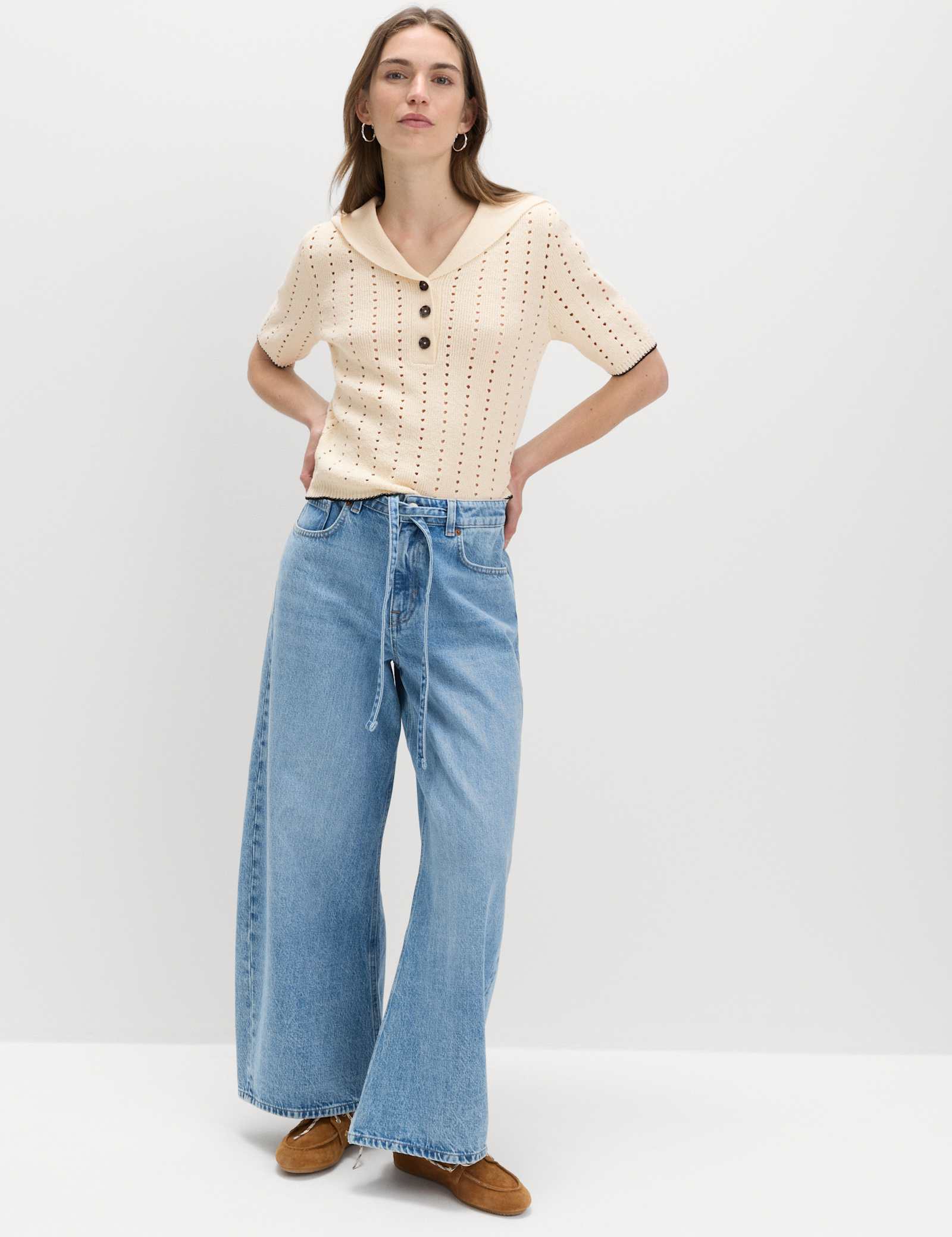 Cotton Rich Pointelle Collared Knitted Top - image 5