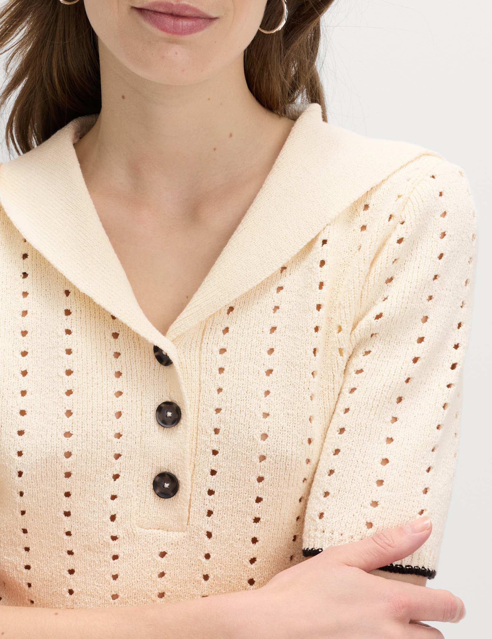 Cotton Rich Pointelle Collared Knitted Top - image 4