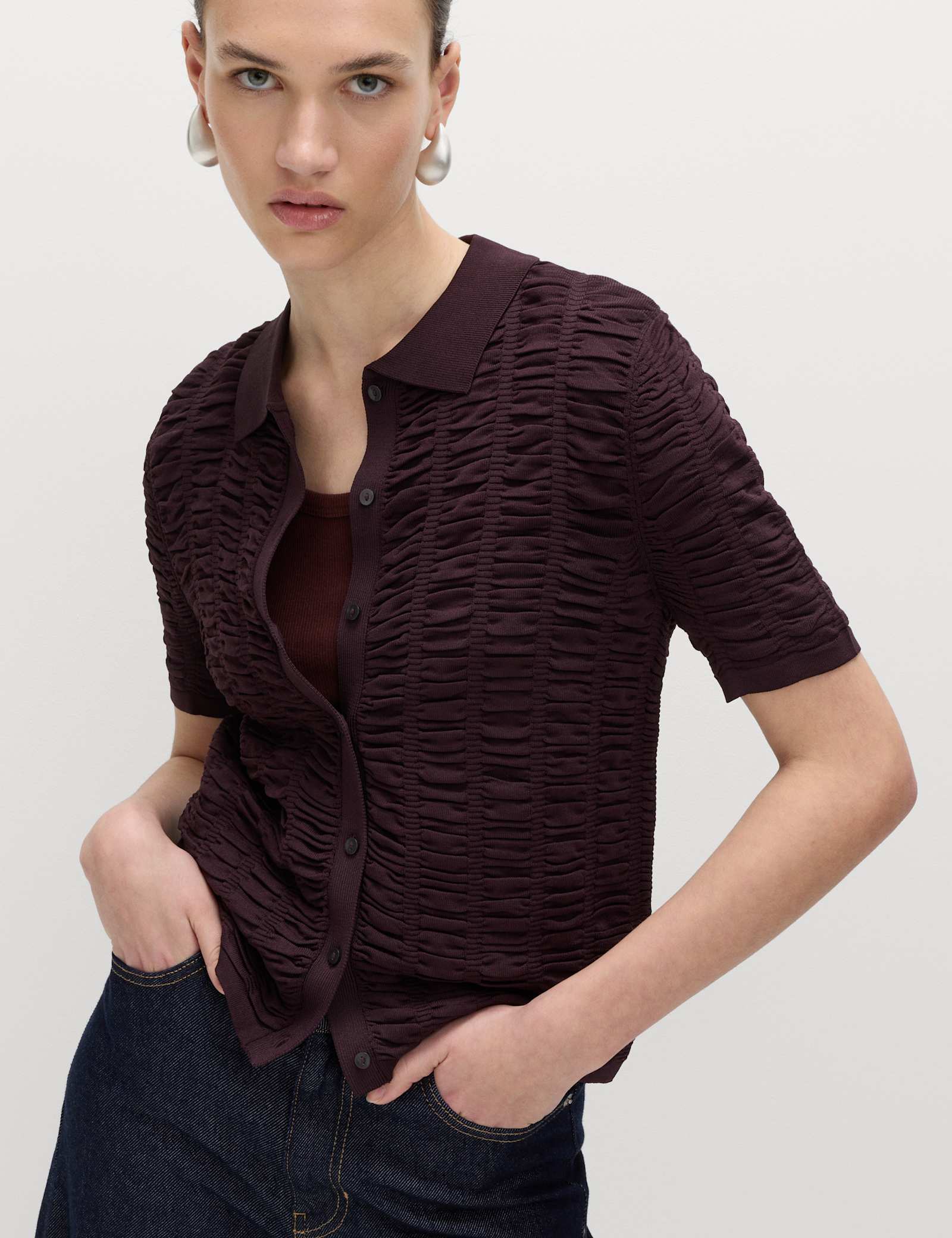 Textured Collared Fitted Cardigan - image 4