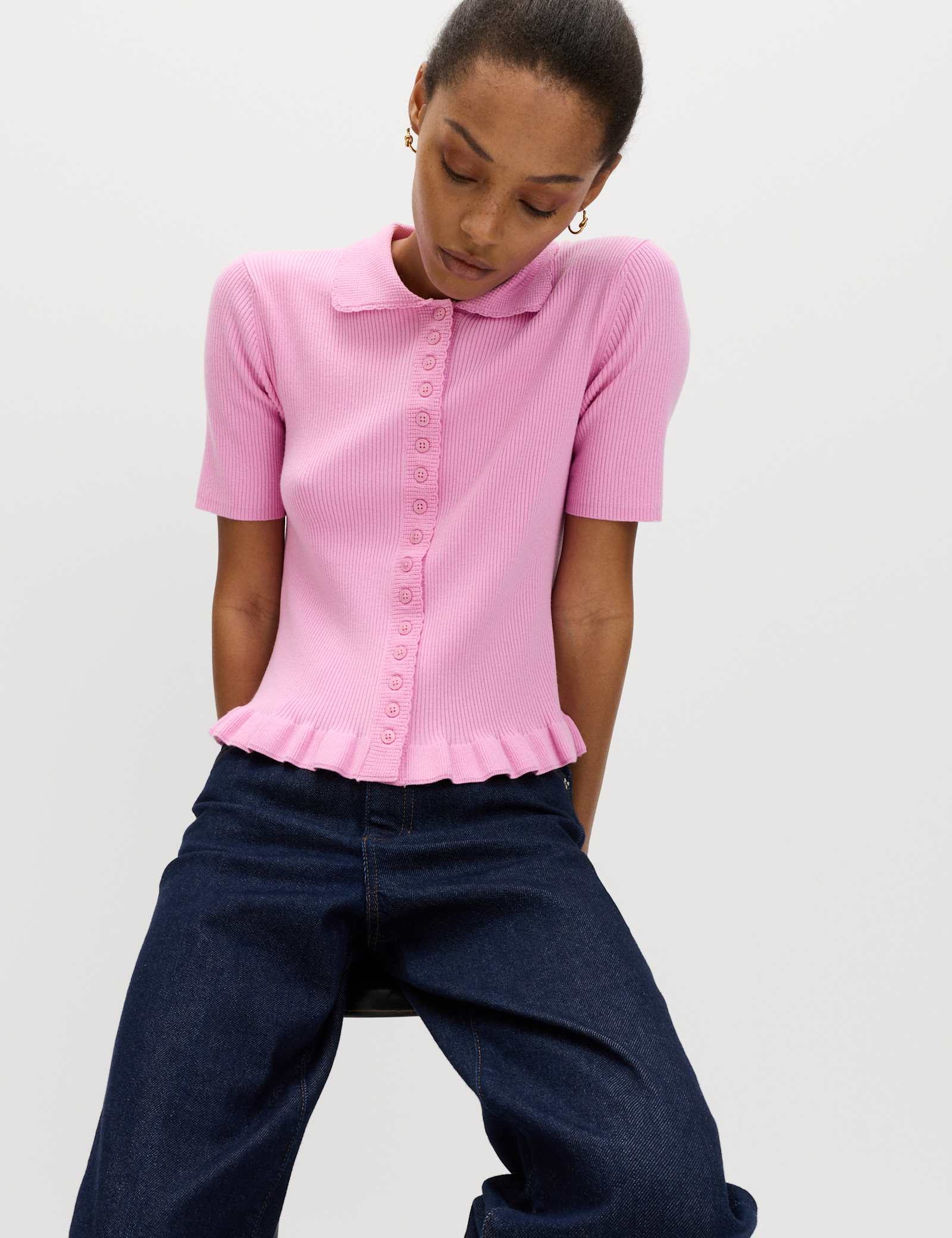 Ribbed Frill Detail Collared Cardigan - image 4