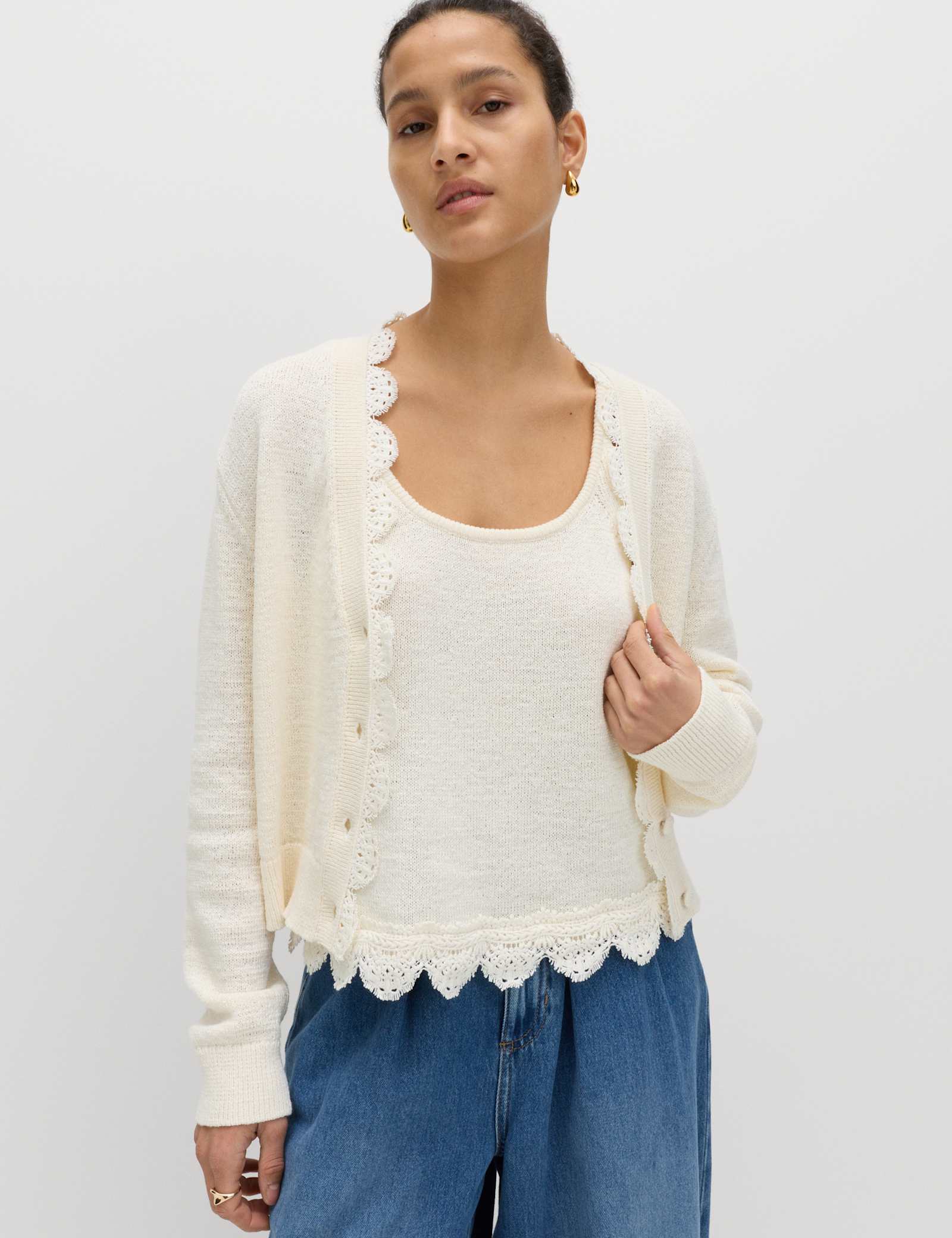 Cotton Blend Lace Trim V-Neck Cardigan - image 4