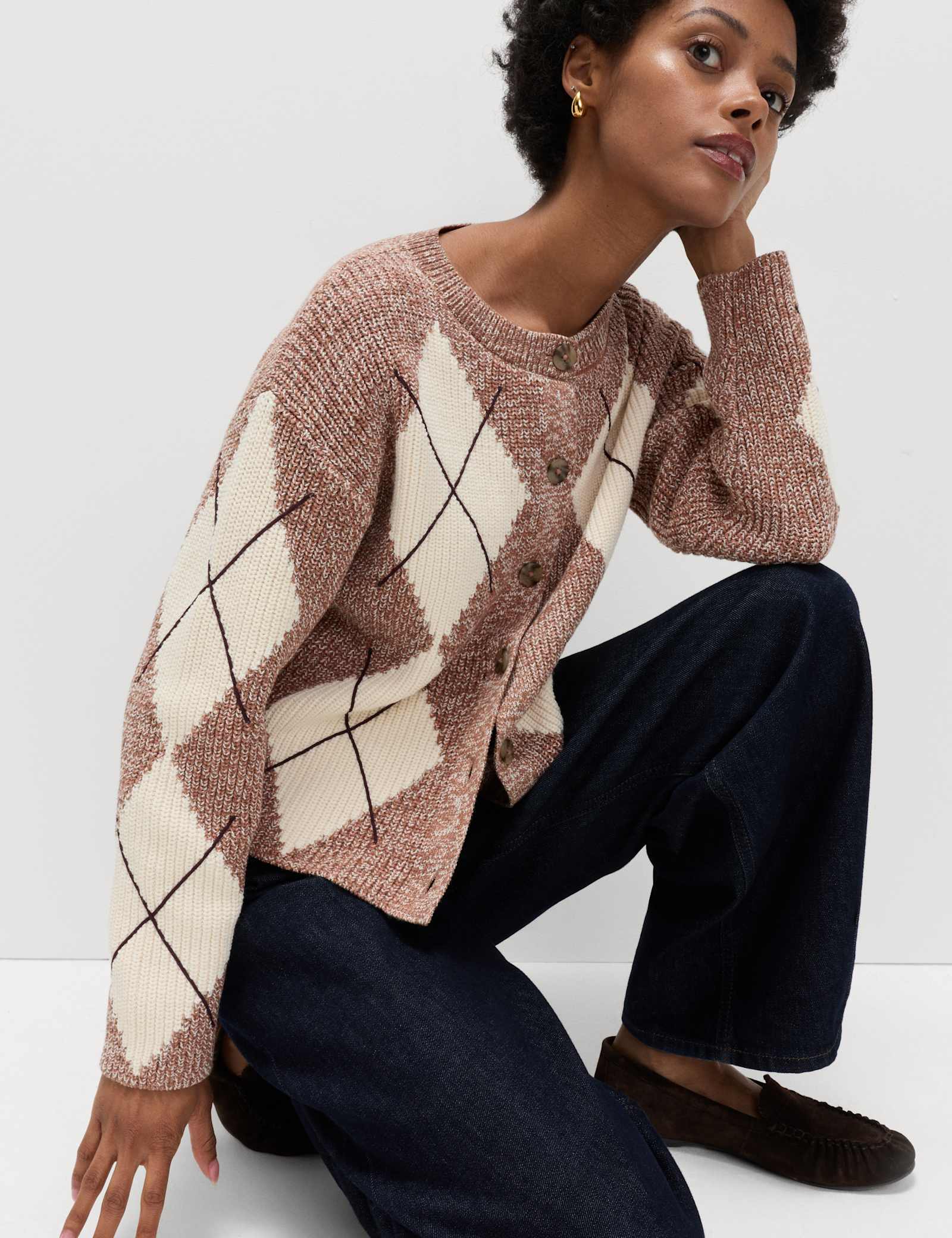 Cotton Rich Argyle Crew Neck Cardigan - image 2