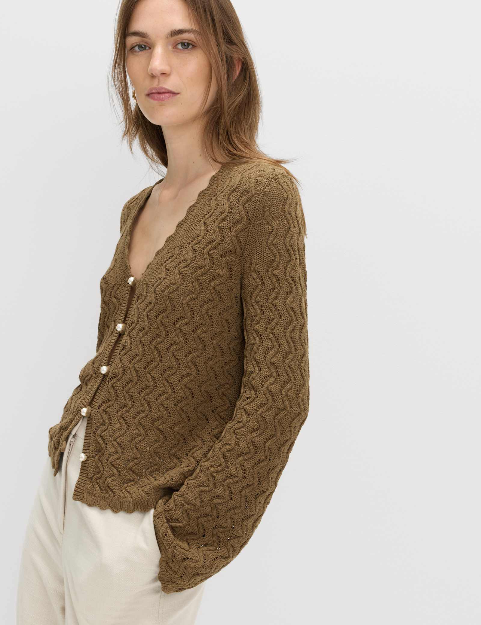 Cotton Rich Pearl Detail Scallop Edge Cardigan - image 4