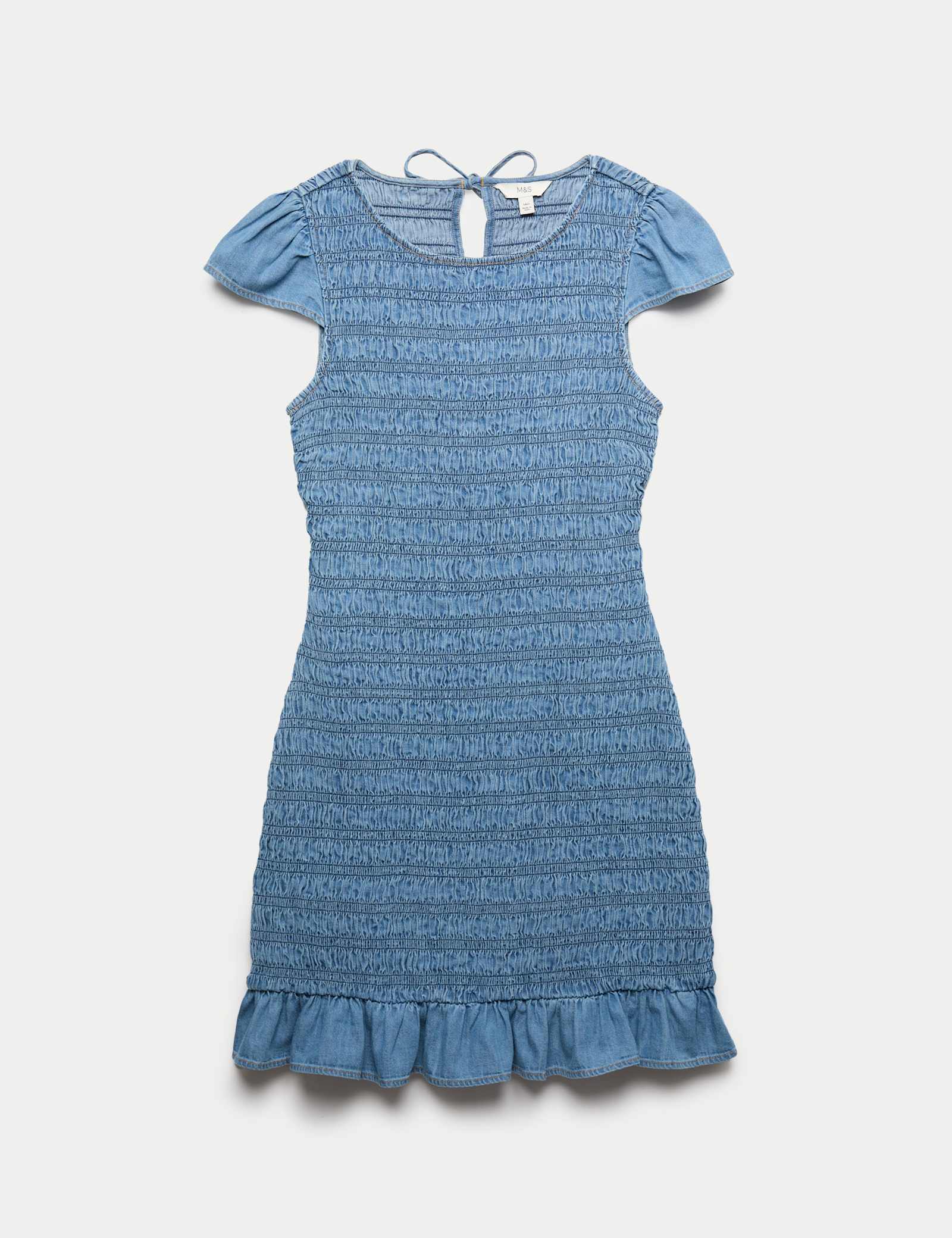 Denim Frill Hem Mini Shirred Dress - image 1