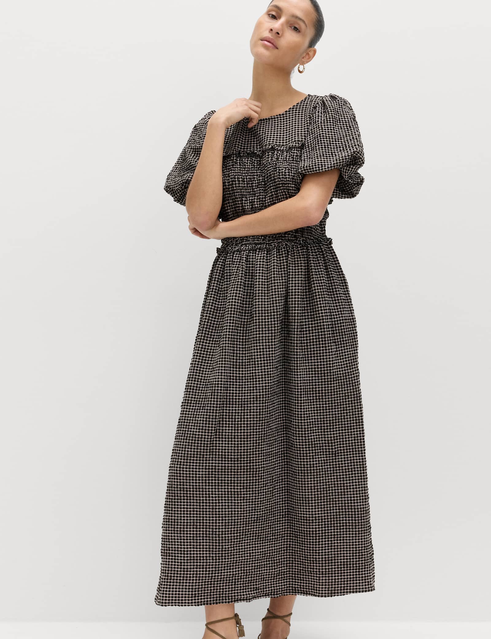 Gingham Puff Sleeve Midi Waisted Dress - image 2