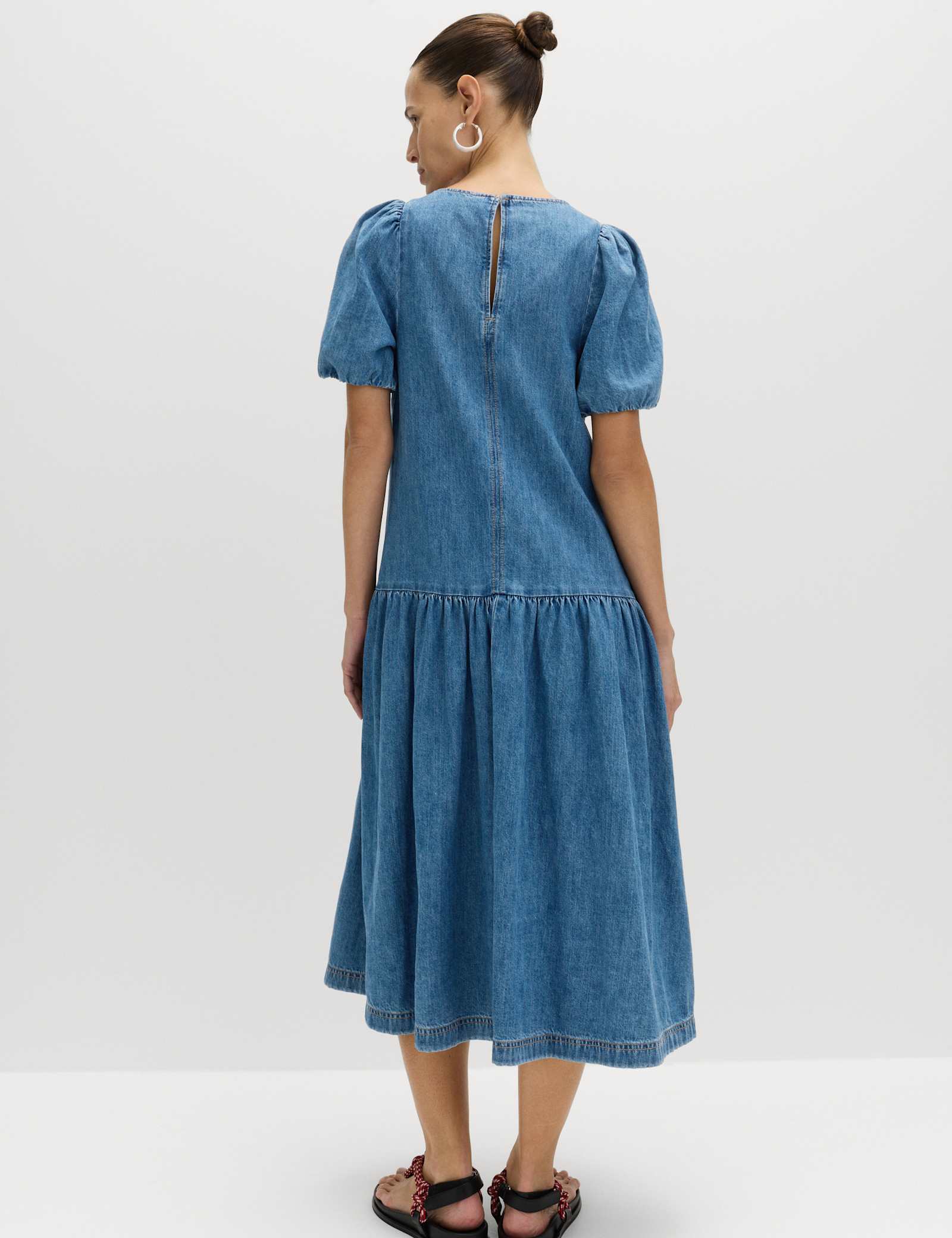 Denim Puff Sleeve Midi Drop Waist Dress - image 5