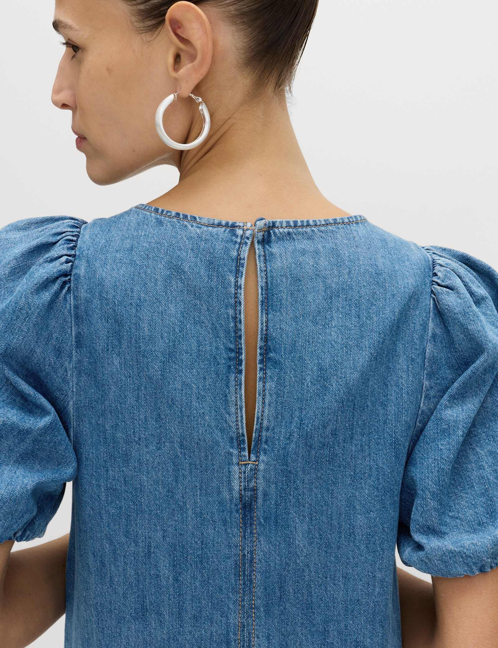 Denim Puff Sleeve Midi Drop Waist Dress - image 4
