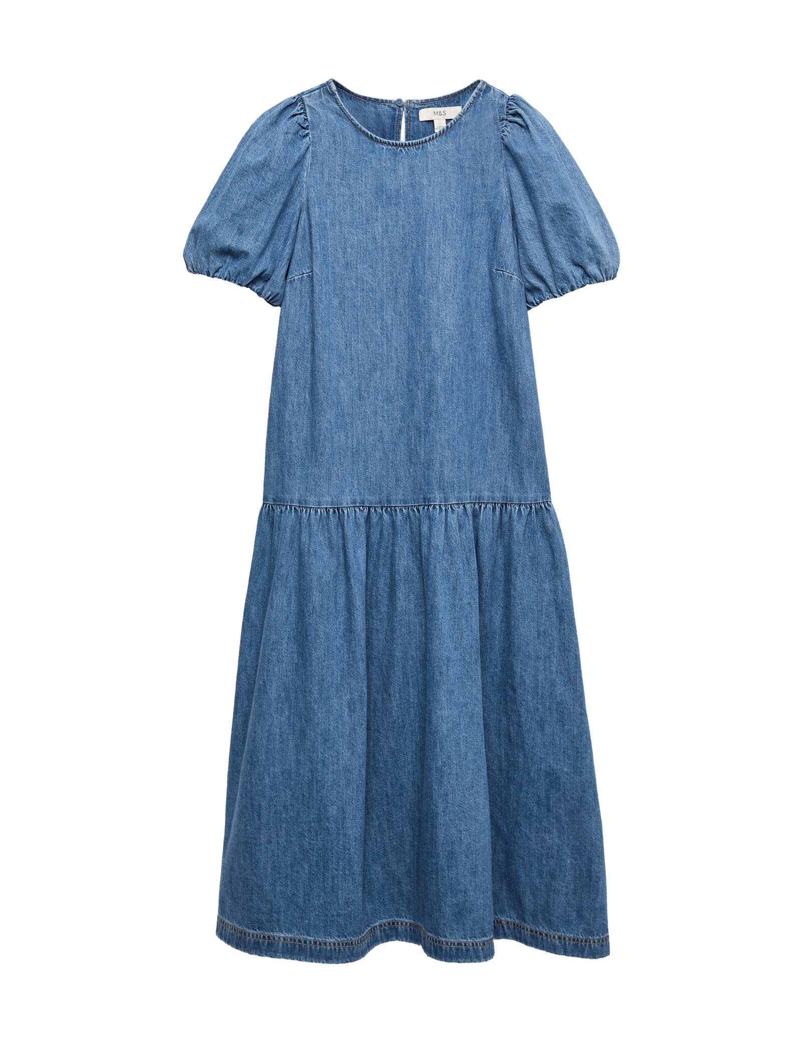 Denim Puff Sleeve Midi Drop Waist Dress - image 3