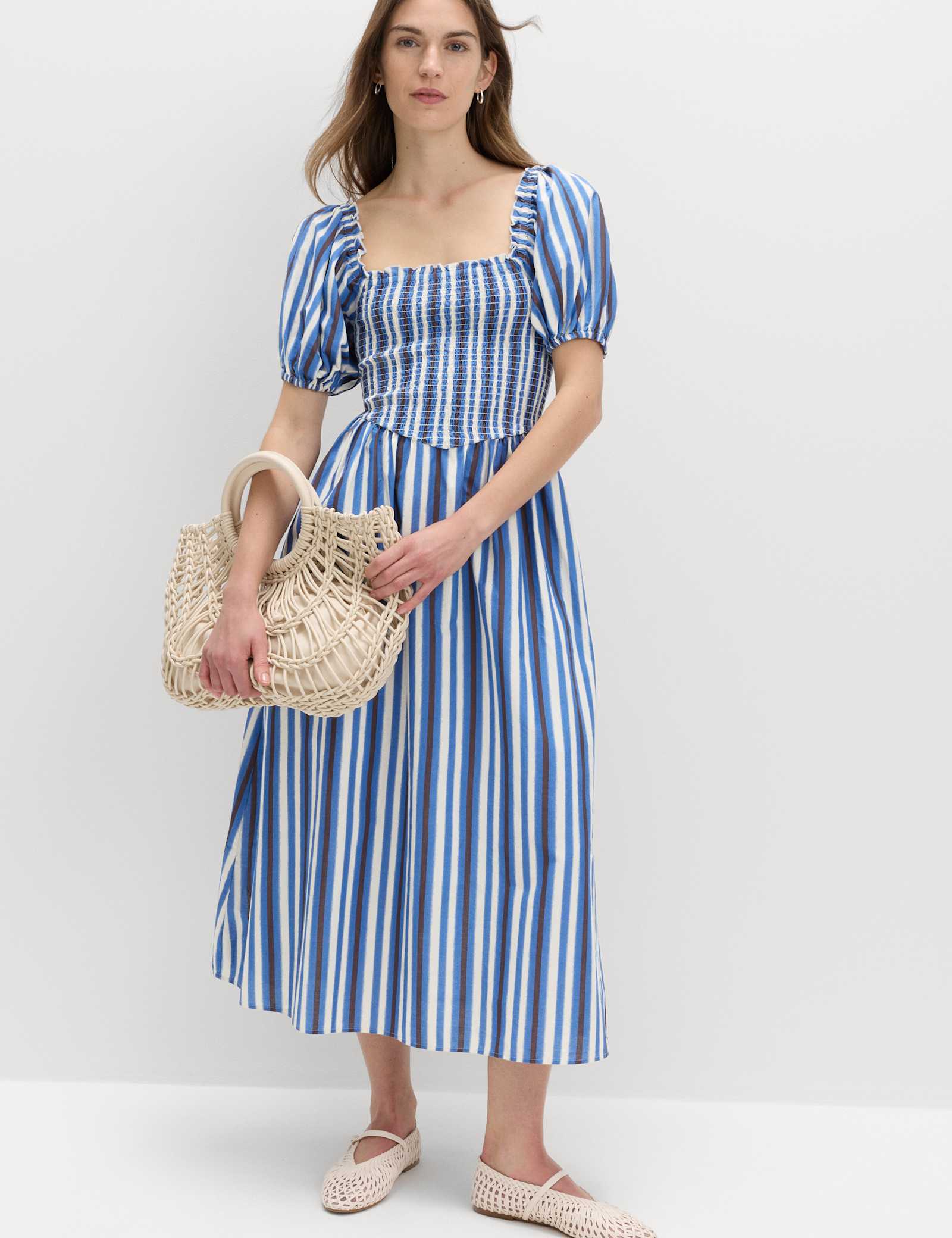 Pure Cotton Striped Shirred Midi Dress - image 5