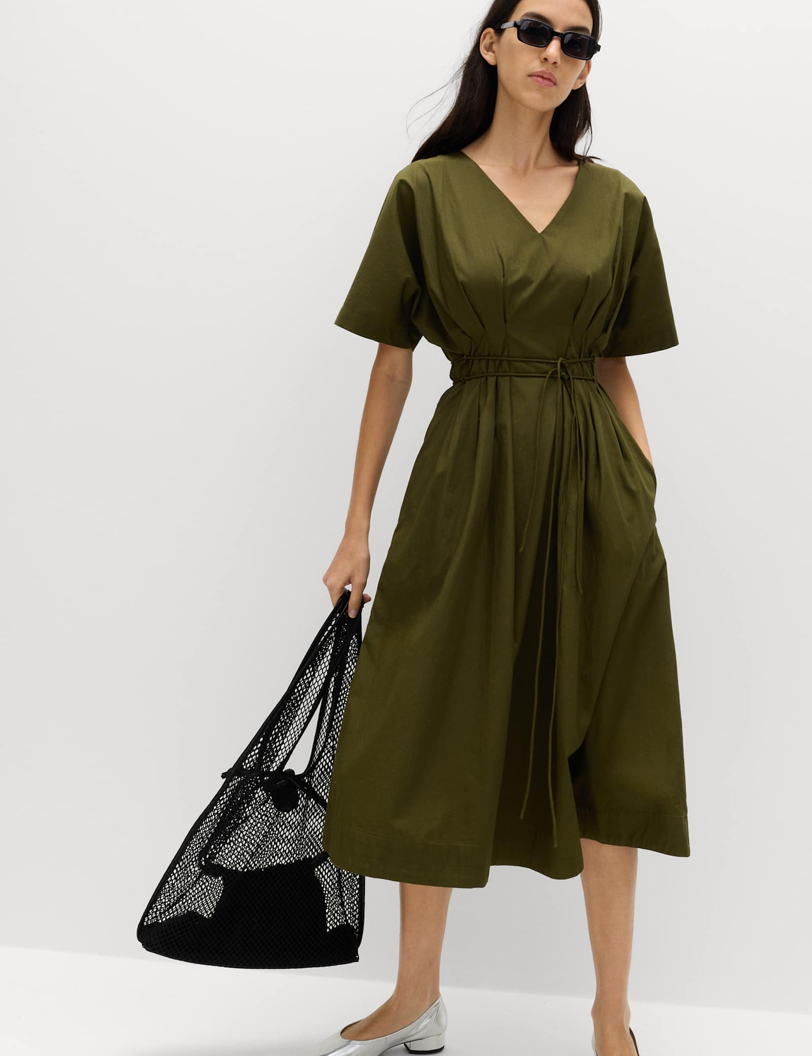 Pure Cotton V-Neck Midi Waisted Dress - image 2