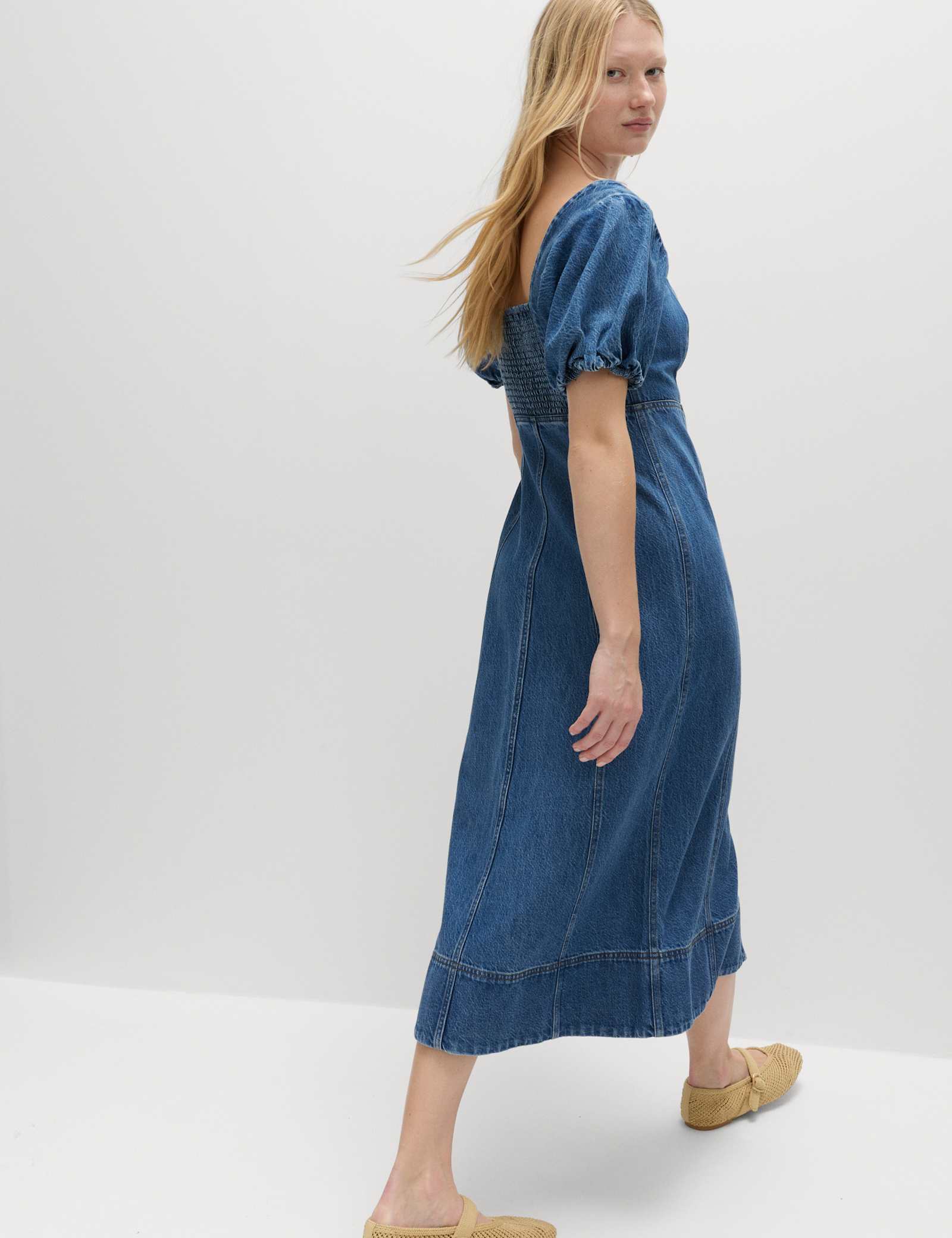 Denim Puff Sleeve Midi Waisted Dress - image 5