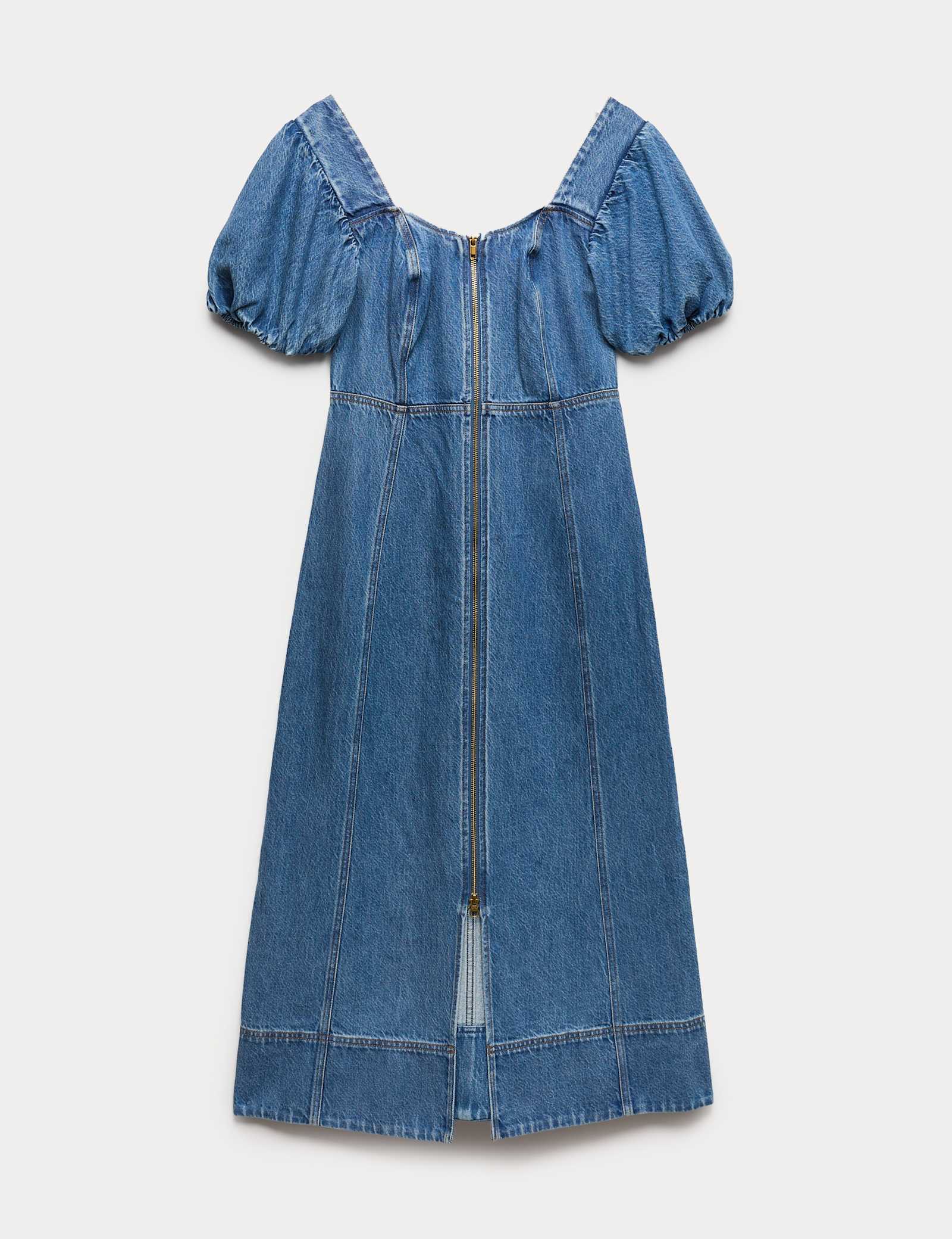Denim Puff Sleeve Midi Waisted Dress - image 1