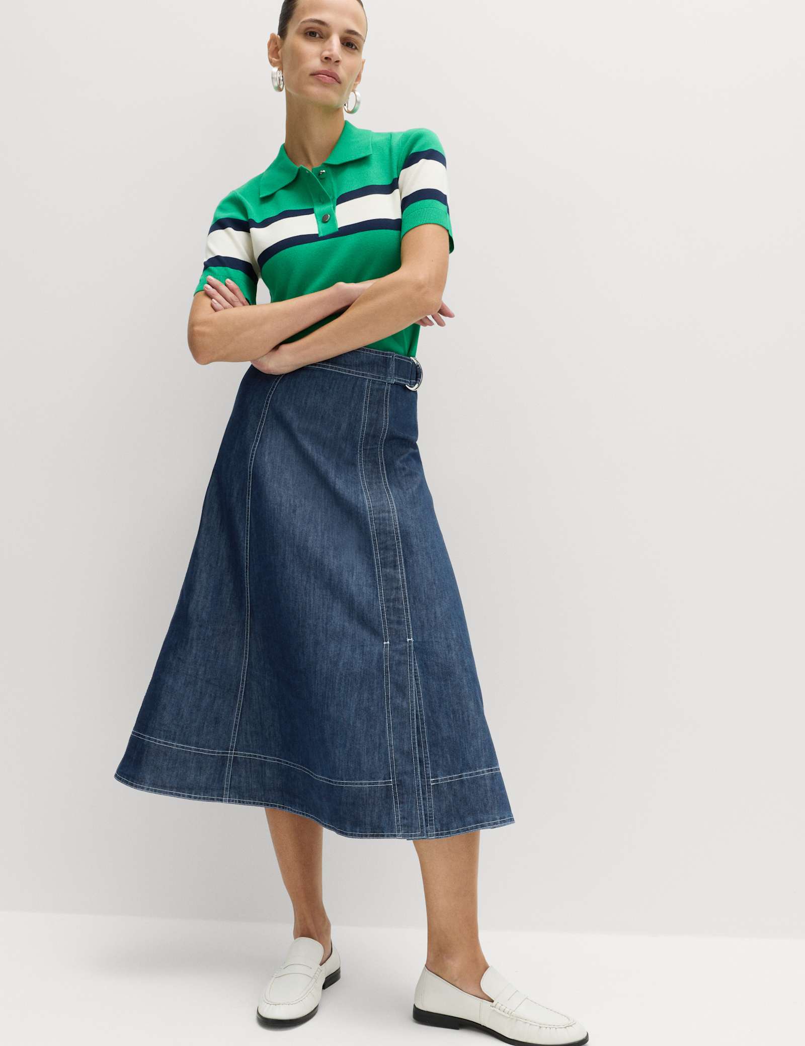 Denim Belted Midi Circle Skirt - image 2