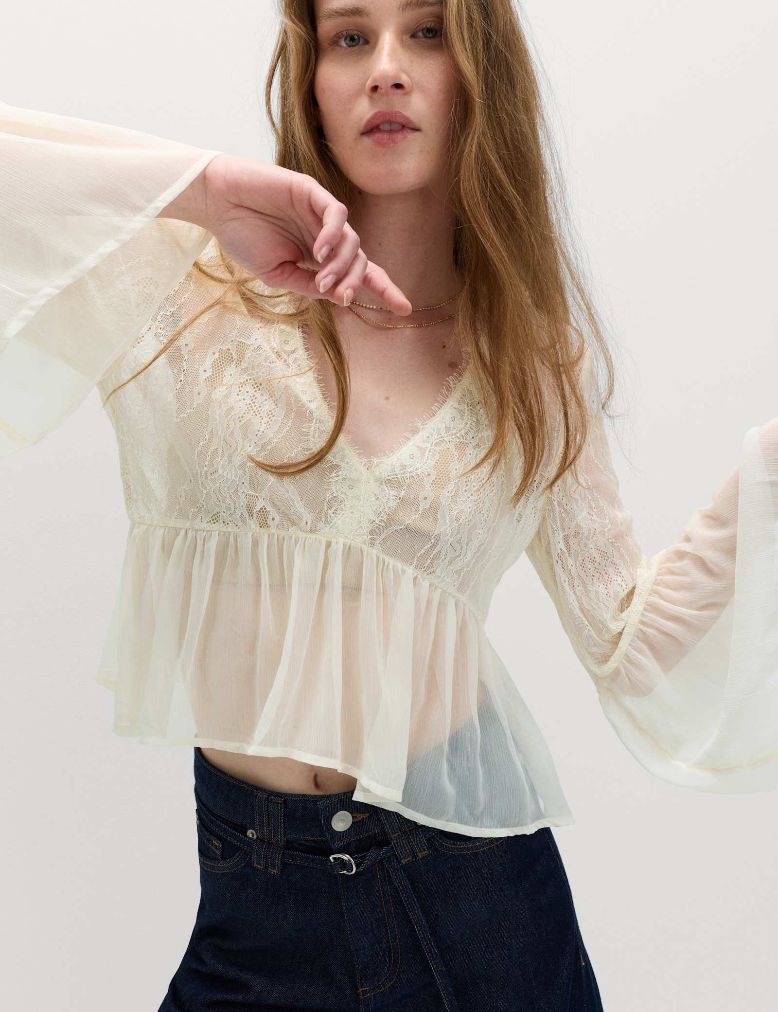 V-Neck Lace Flute Sleeve Top - image 2