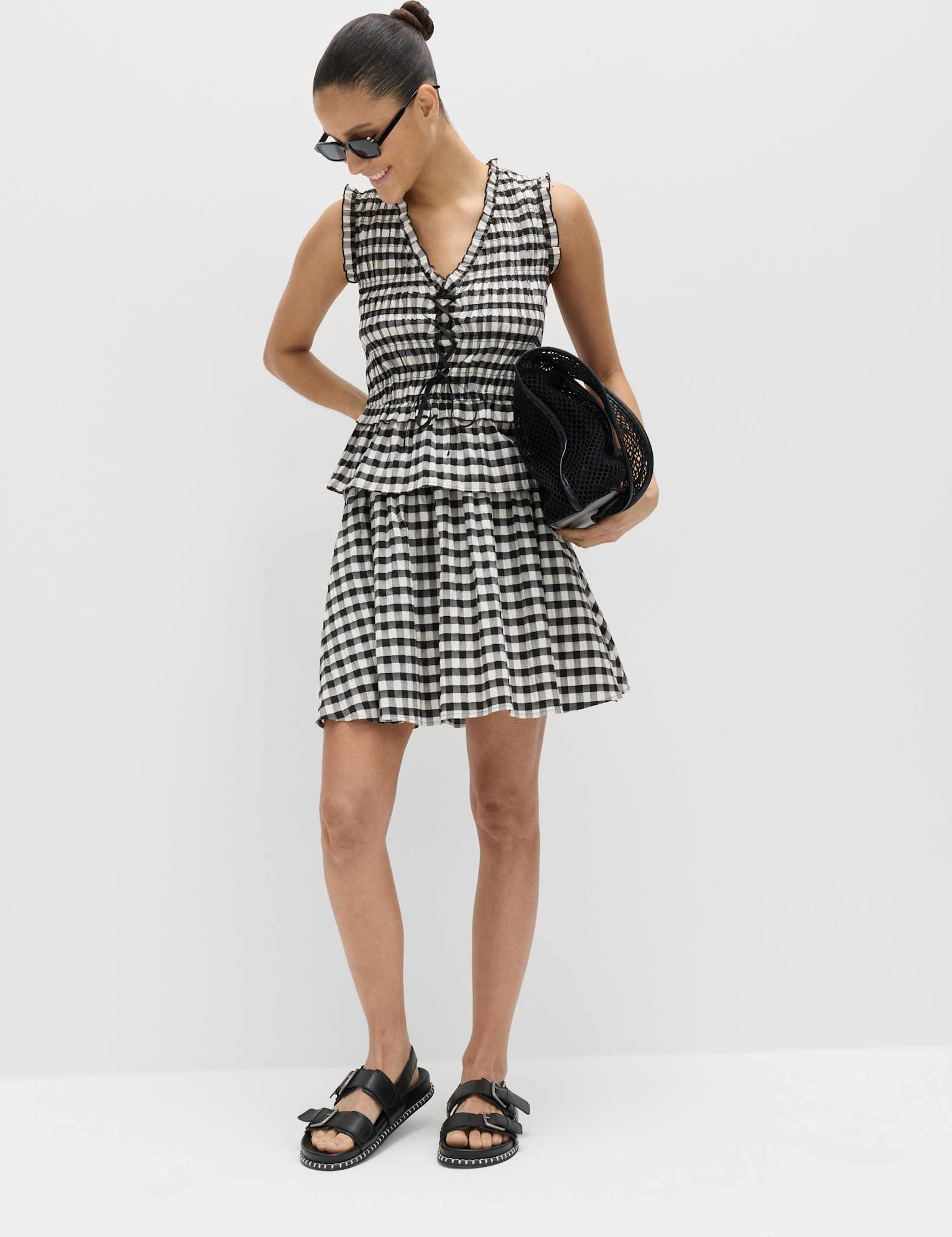 Cotton Blend Gingham Shirred Peplum Top - image 4