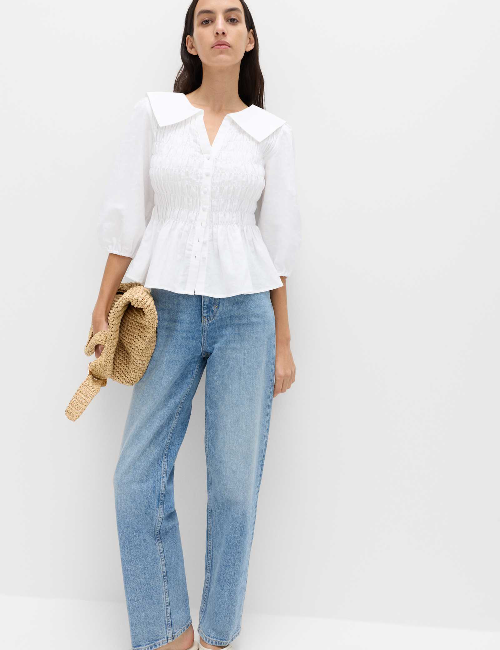 Linen Rich Collared Shirred Shirt - image 4