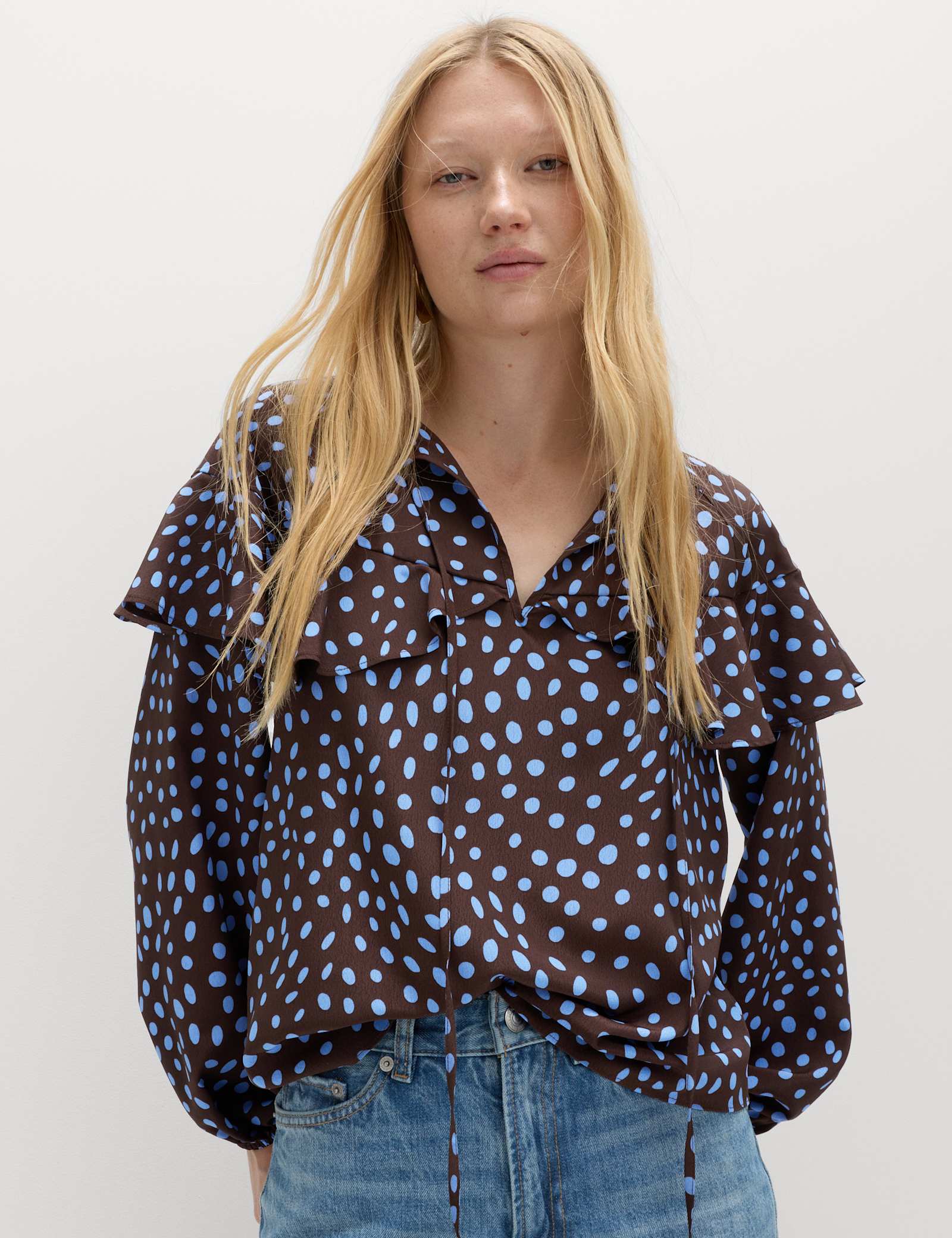 Spot Print Tie Front Frill Detail Top - image 4