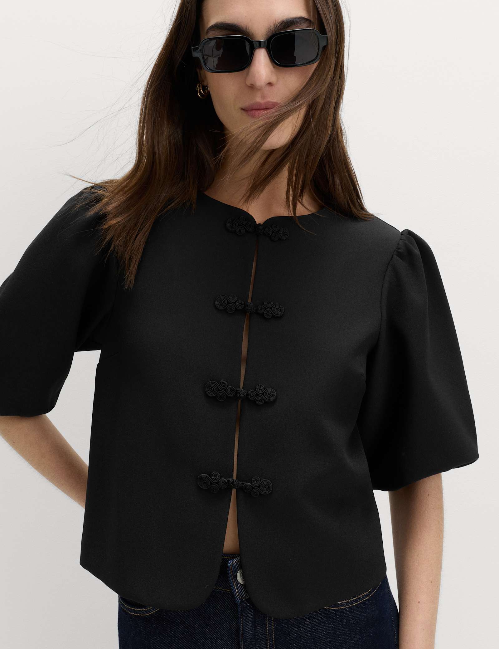 Knot Button Detail Puff Sleeve Top - image 2